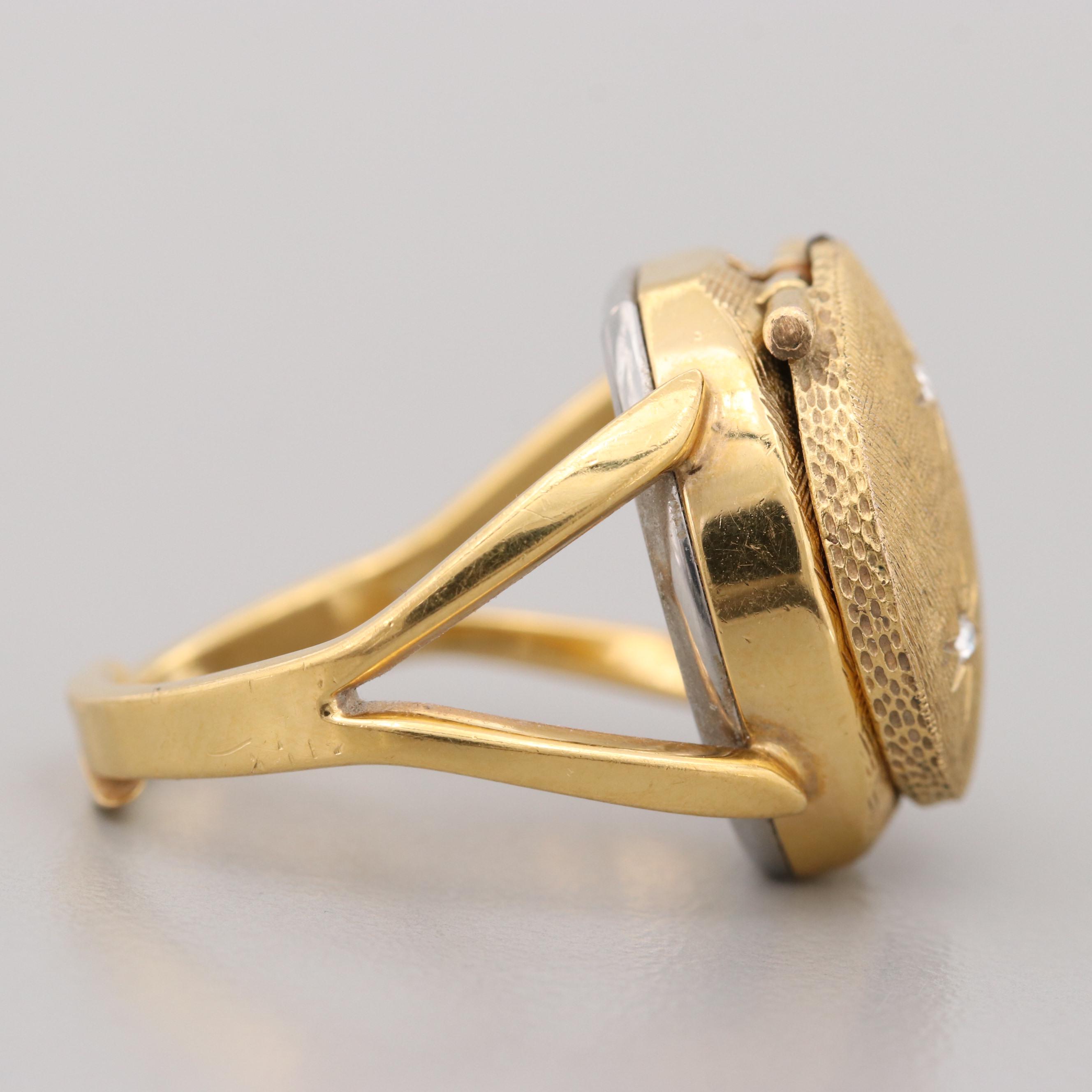 Vintage Bucherer Gold Tone Hidden Dial Ring Watch With Glass Crystals