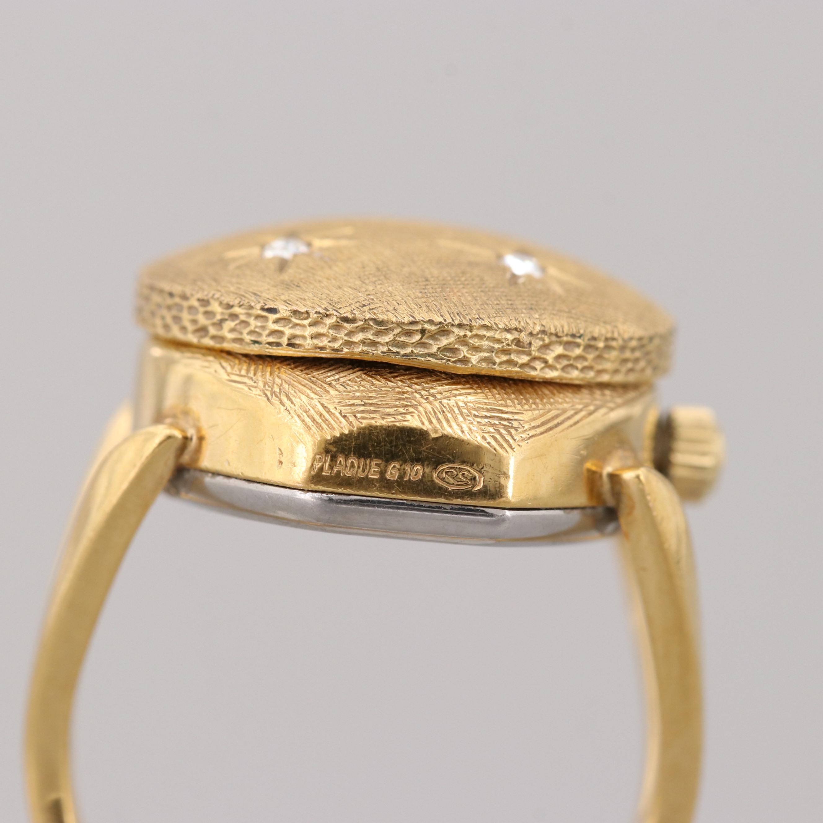 Vintage Bucherer Gold Tone Hidden Dial Ring Watch With Glass Crystals