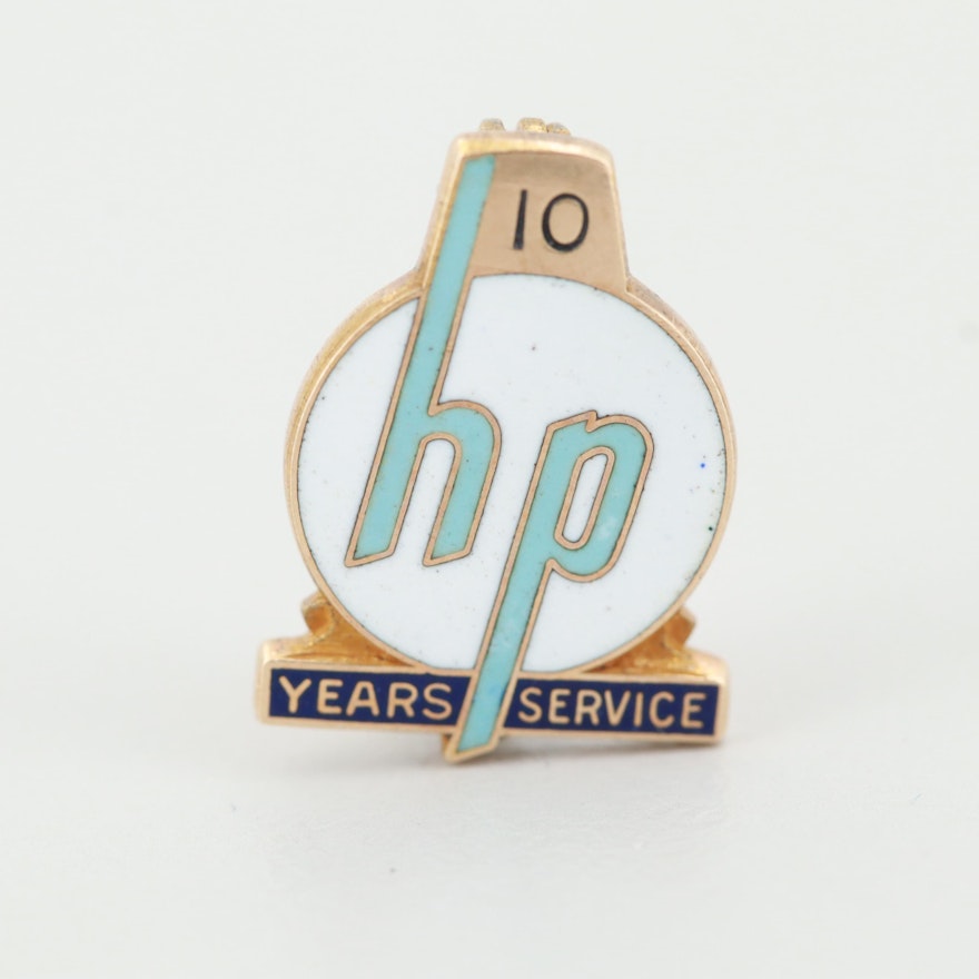 14K Yellow Gold Enameled Hewlett-Packard Ten Years of Service Lapel Pin