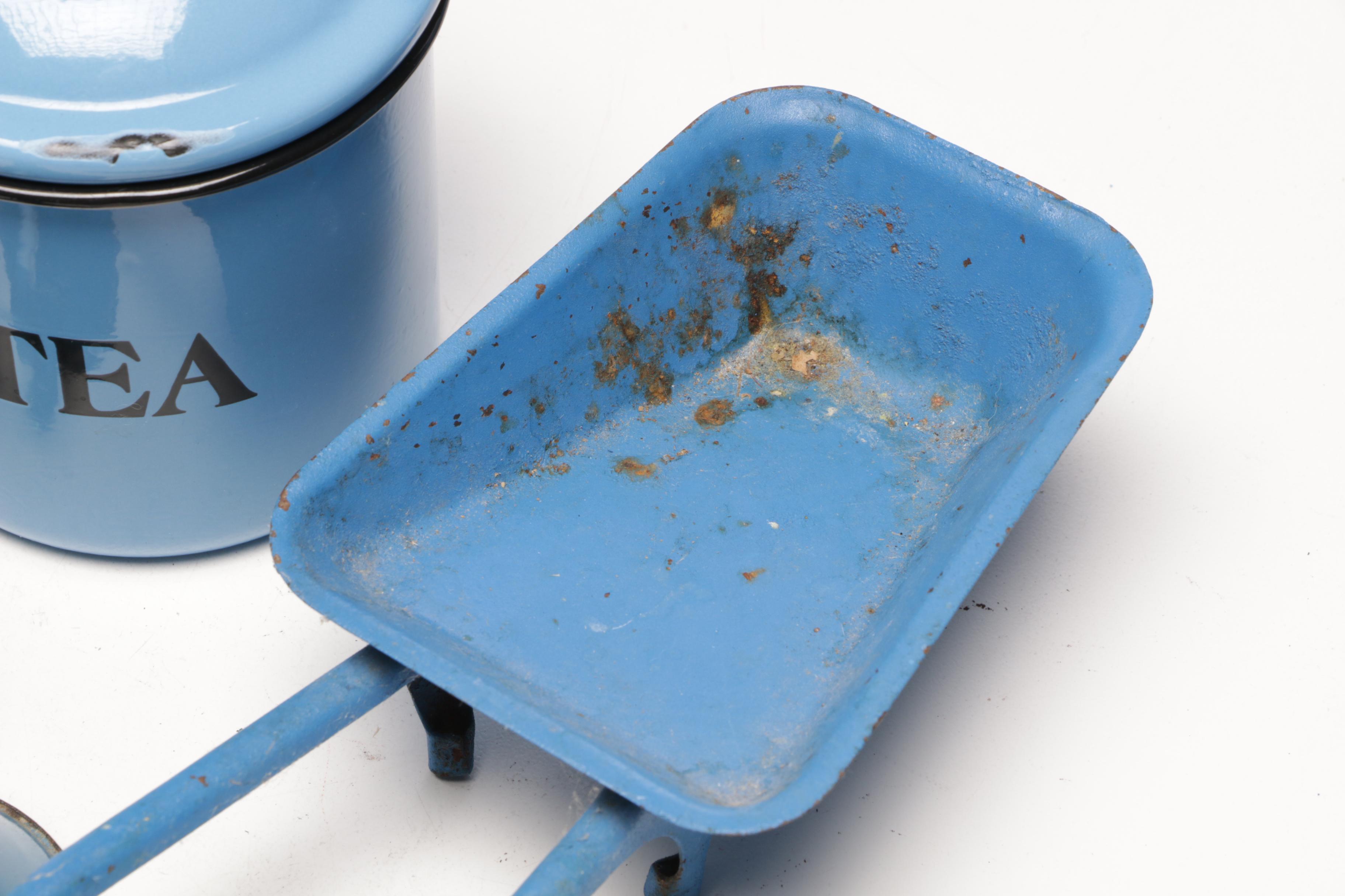 Blue Enamel Pitcher, Large Tea Pot, and Other Kitchenware