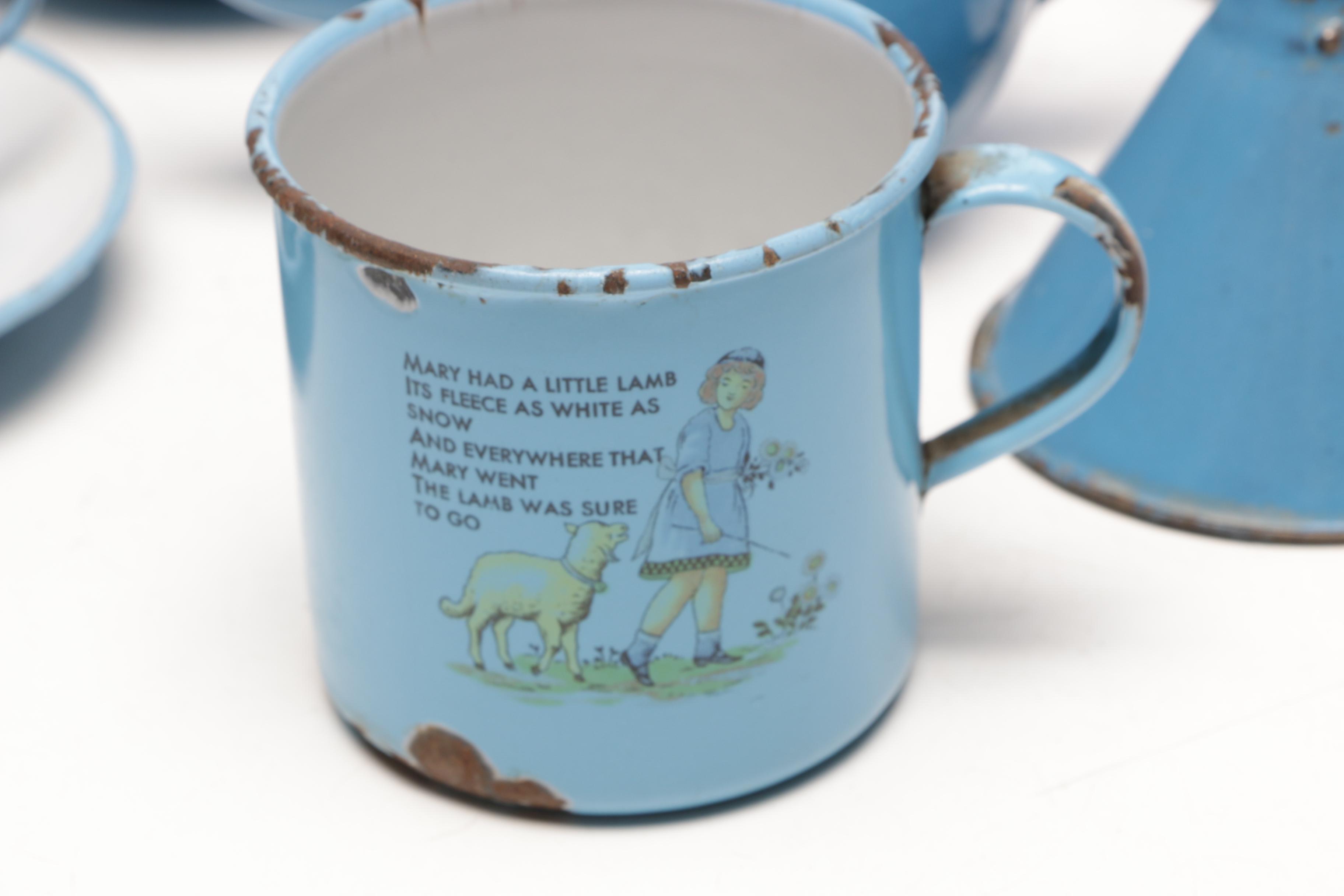 Blue Enamel Pitcher, Large Tea Pot, and Other Kitchenware