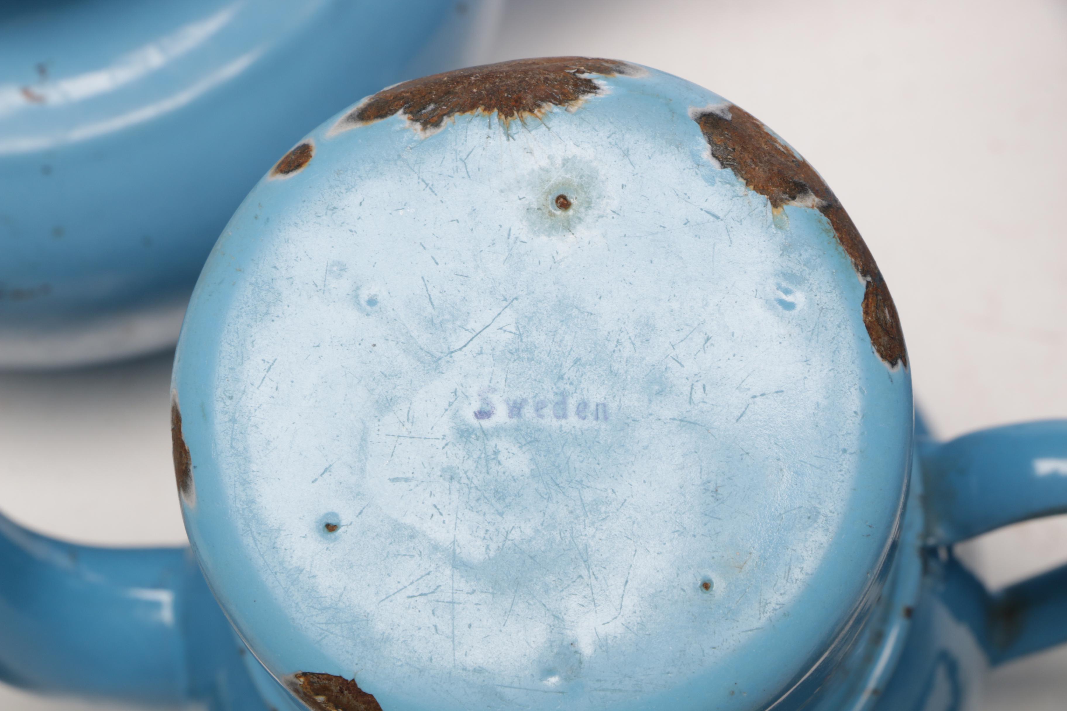 Blue Enamel Pitcher, Large Tea Pot, and Other Kitchenware