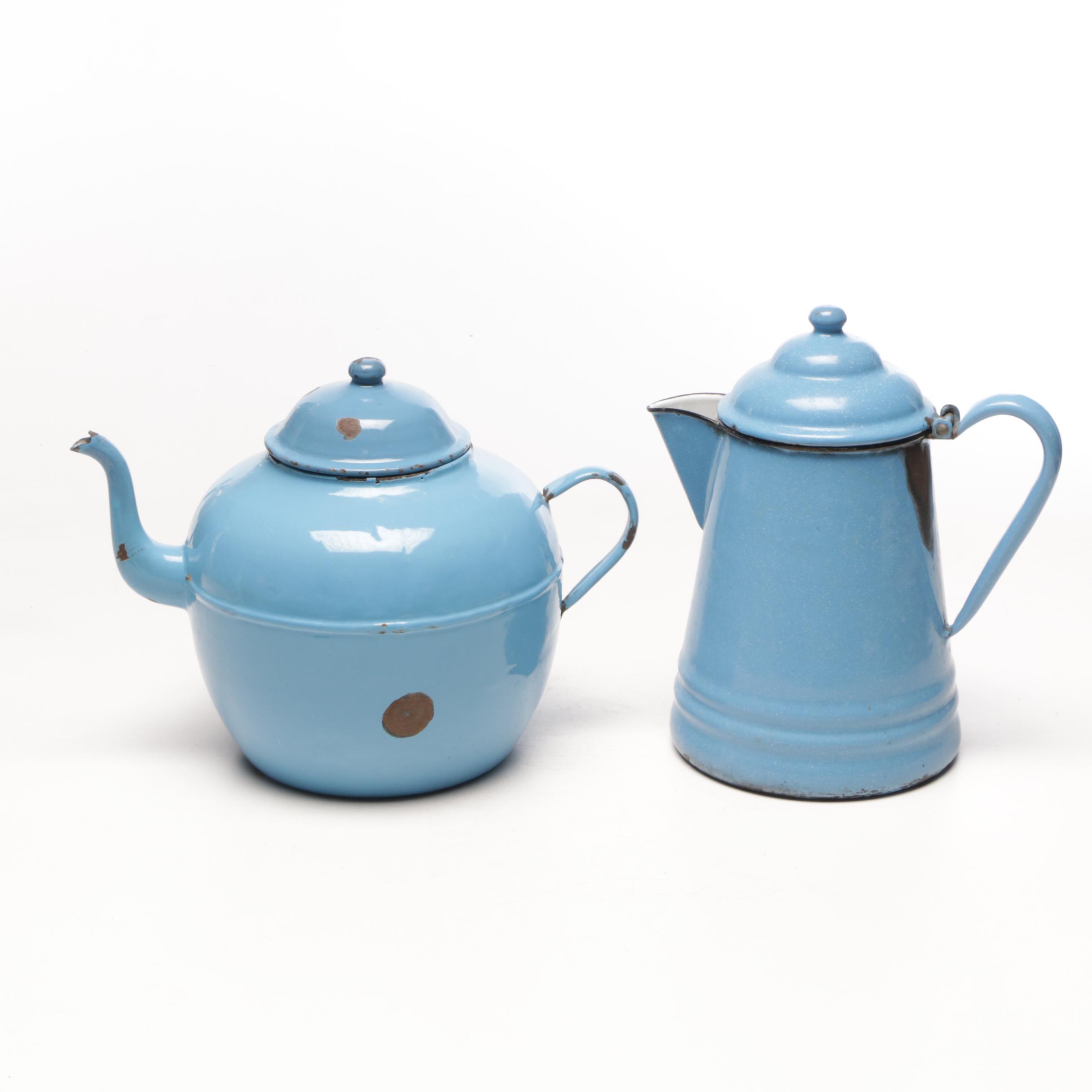 Blue Enamel Pitcher, Large Tea Pot, and Other Kitchenware