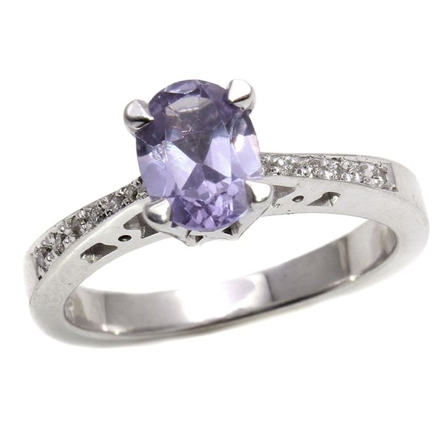 18K White Gold 1.40 CT Synthetic Sapphire and 0.10 CTW Diamond Ring