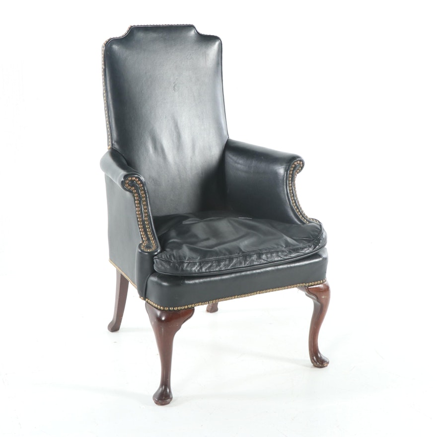 Queen Anne Style Leather Armchair, Late 20th Century