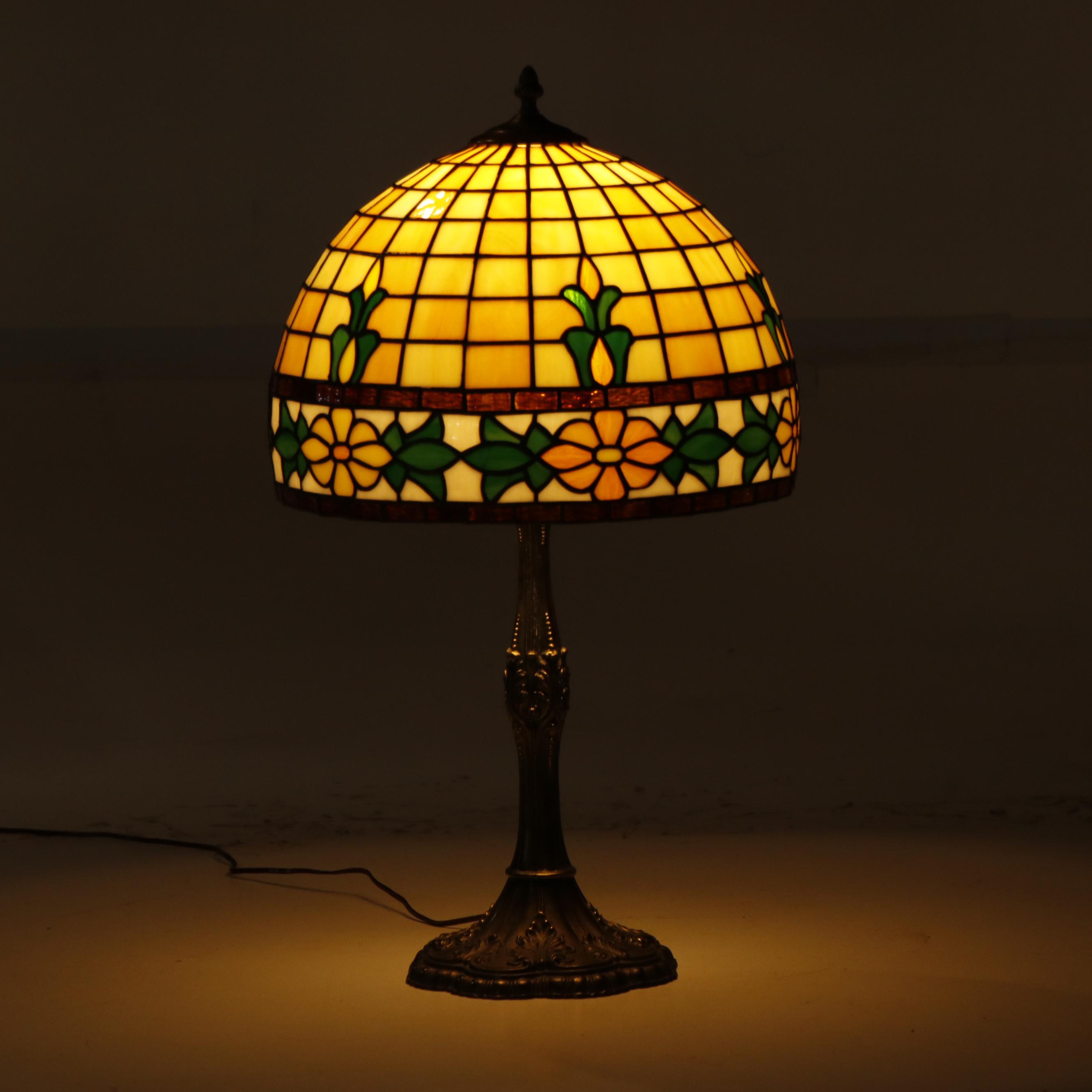 Slag and Stained Glass Floral Lamp with Cast Metal Base