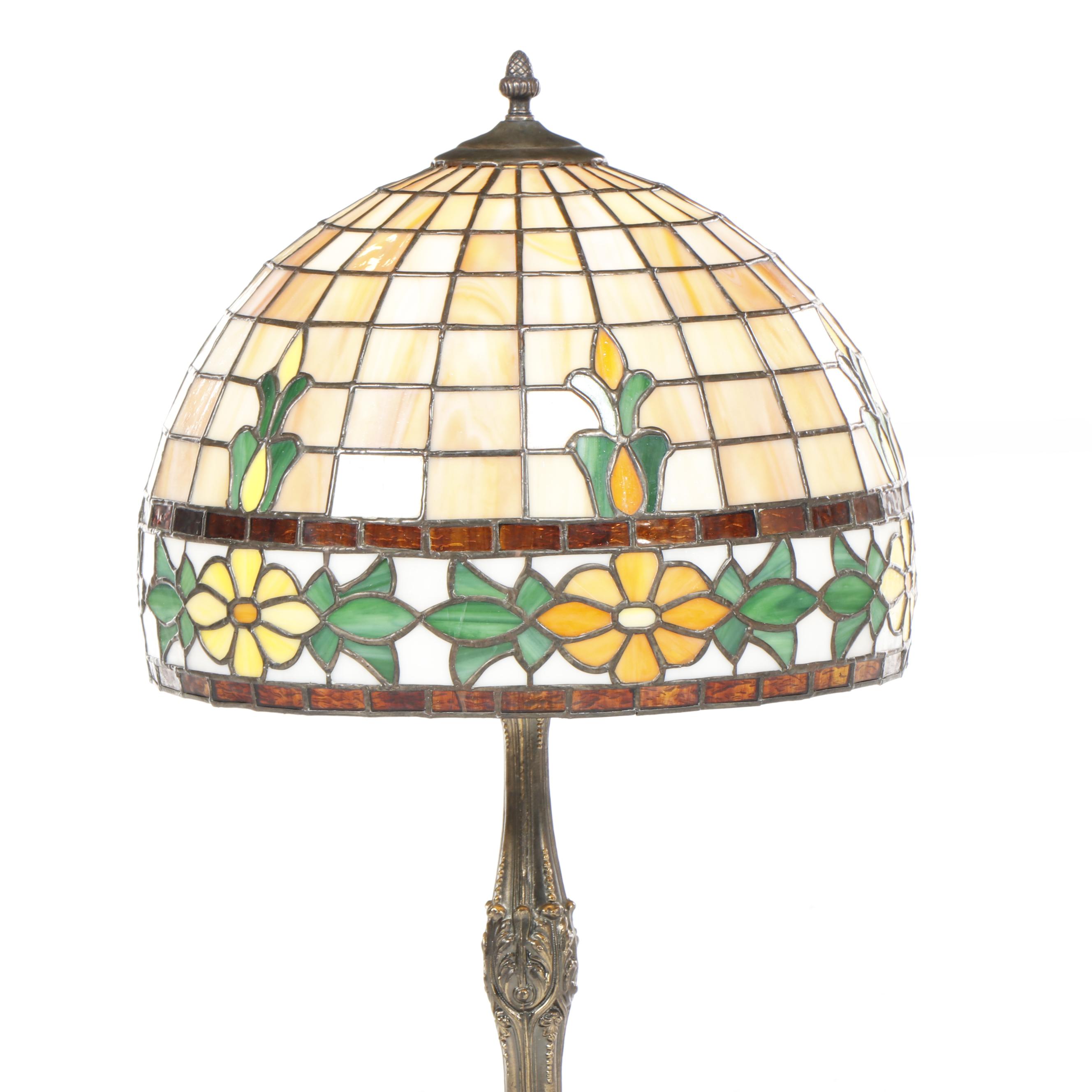Slag and Stained Glass Floral Lamp with Cast Metal Base
