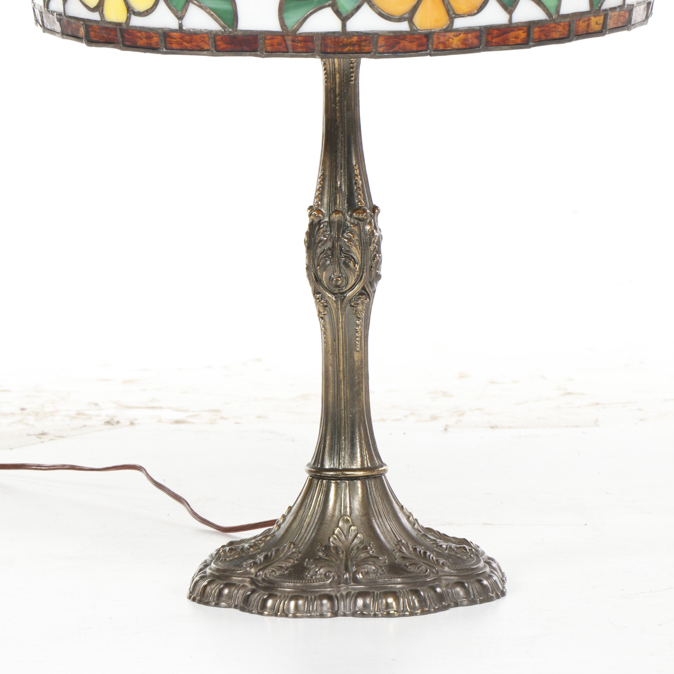 Slag and Stained Glass Floral Lamp with Cast Metal Base