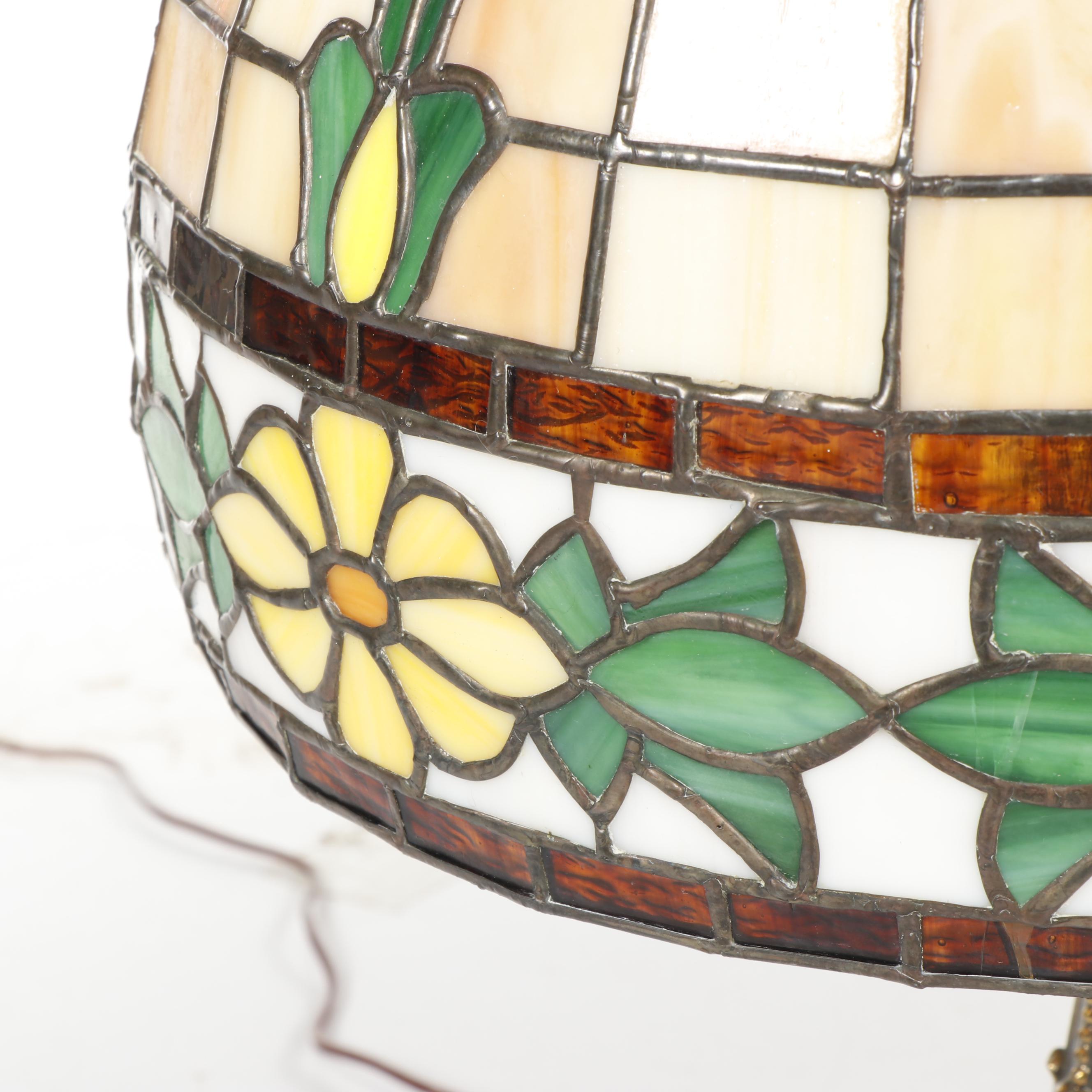 Slag and Stained Glass Floral Lamp with Cast Metal Base