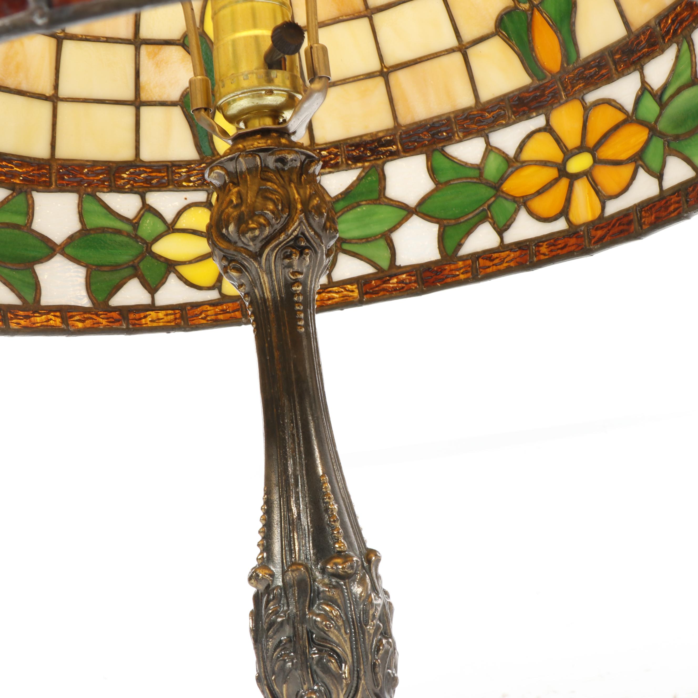 Slag and Stained Glass Floral Lamp with Cast Metal Base