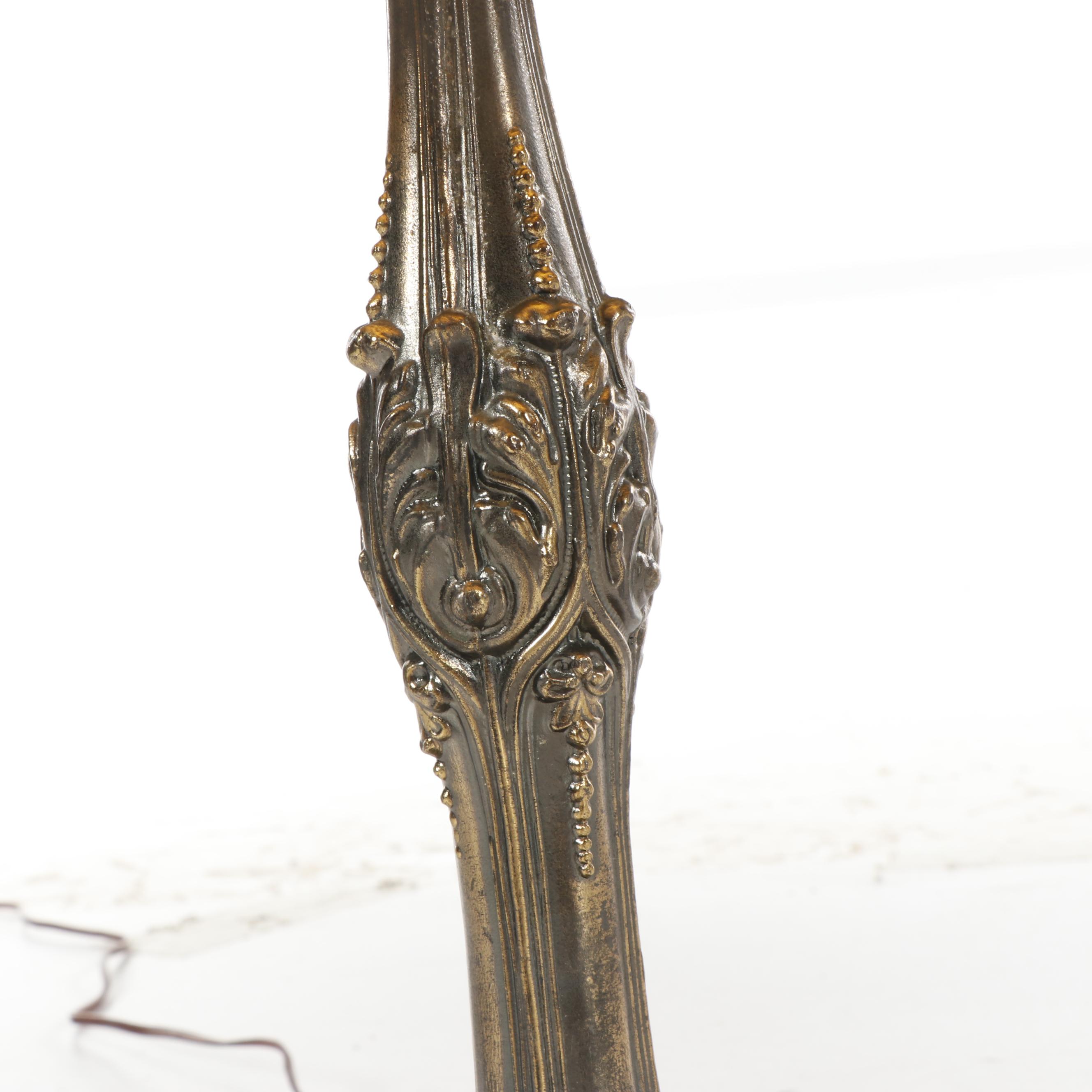 Slag and Stained Glass Floral Lamp with Cast Metal Base