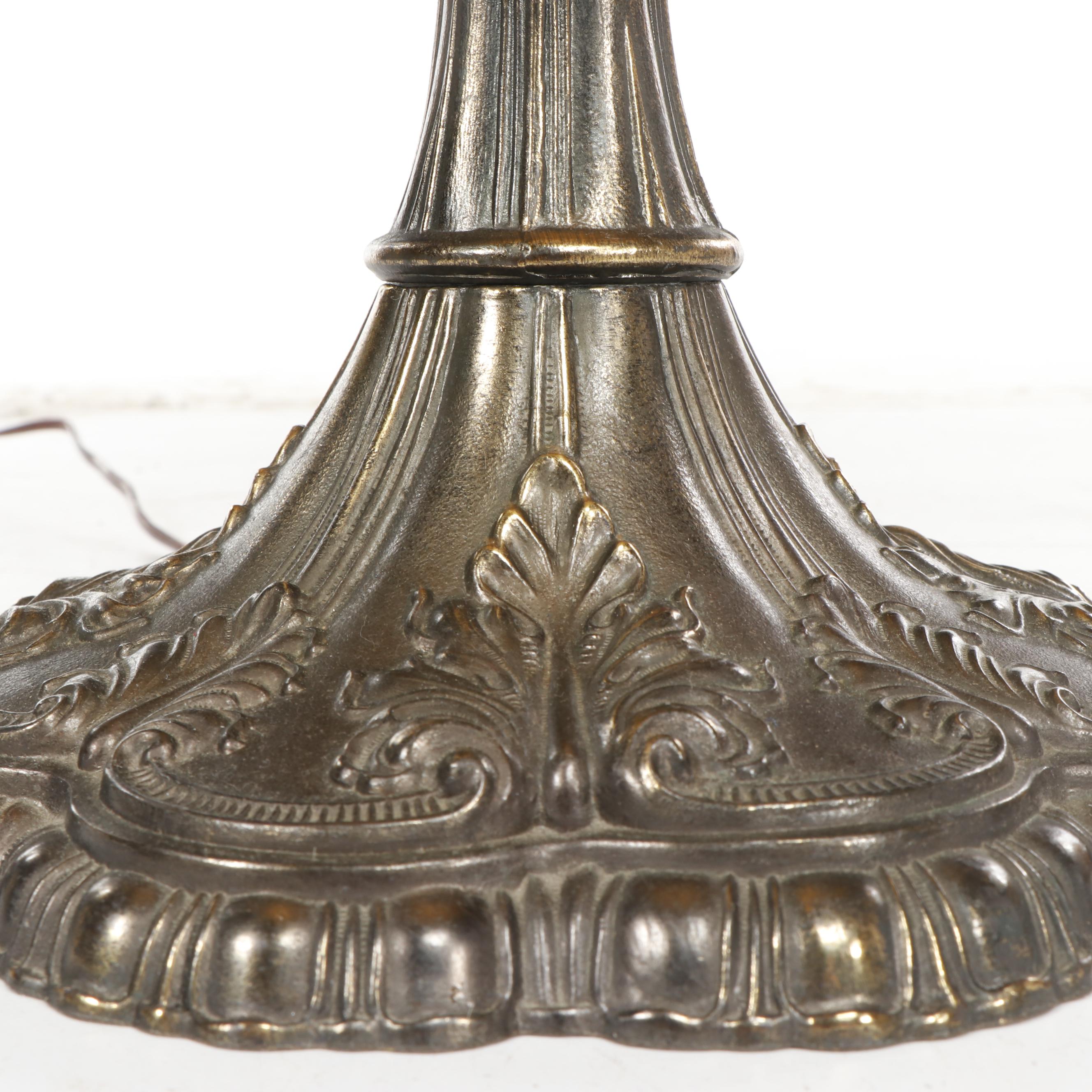 Slag and Stained Glass Floral Lamp with Cast Metal Base