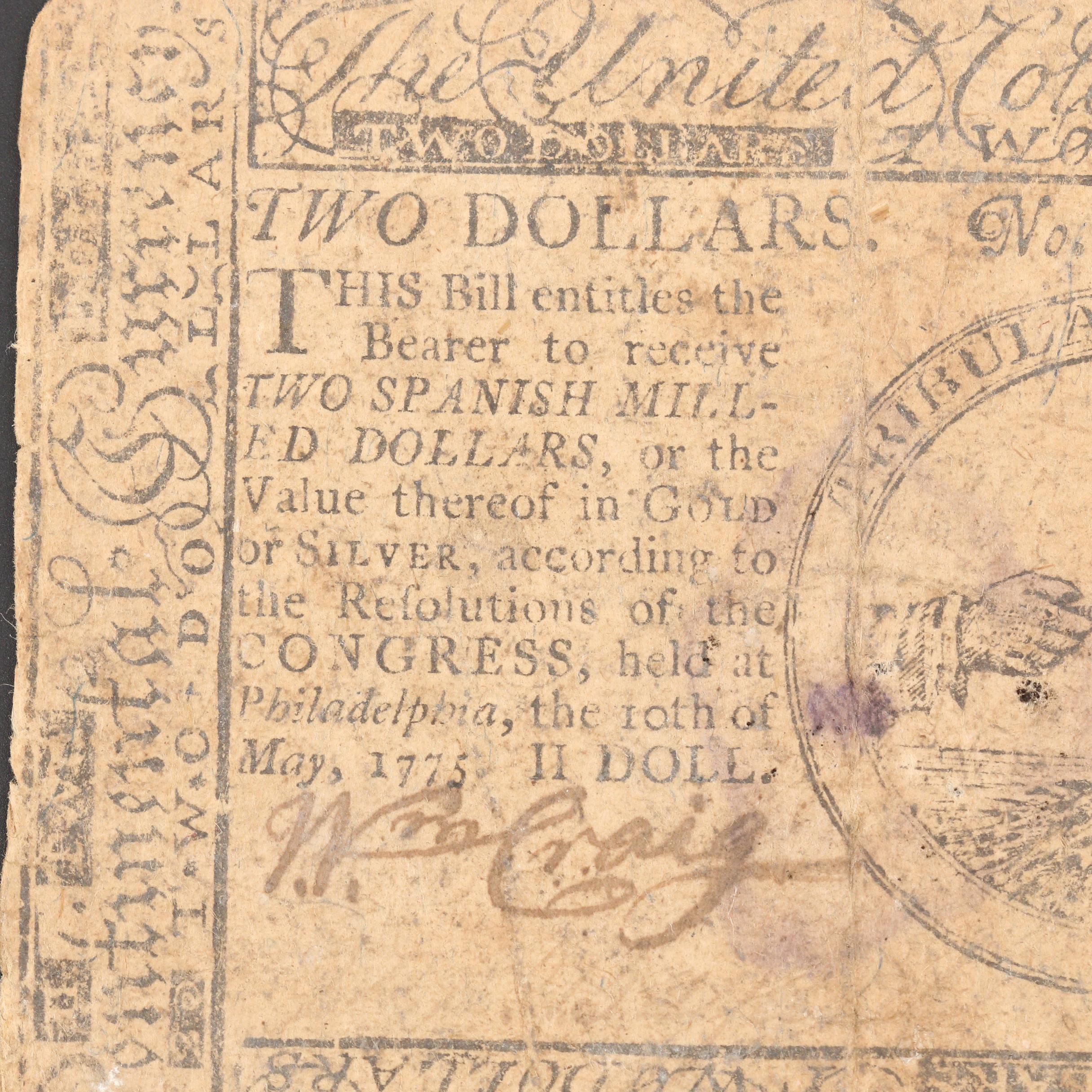1775 Continental Currency $2 Note