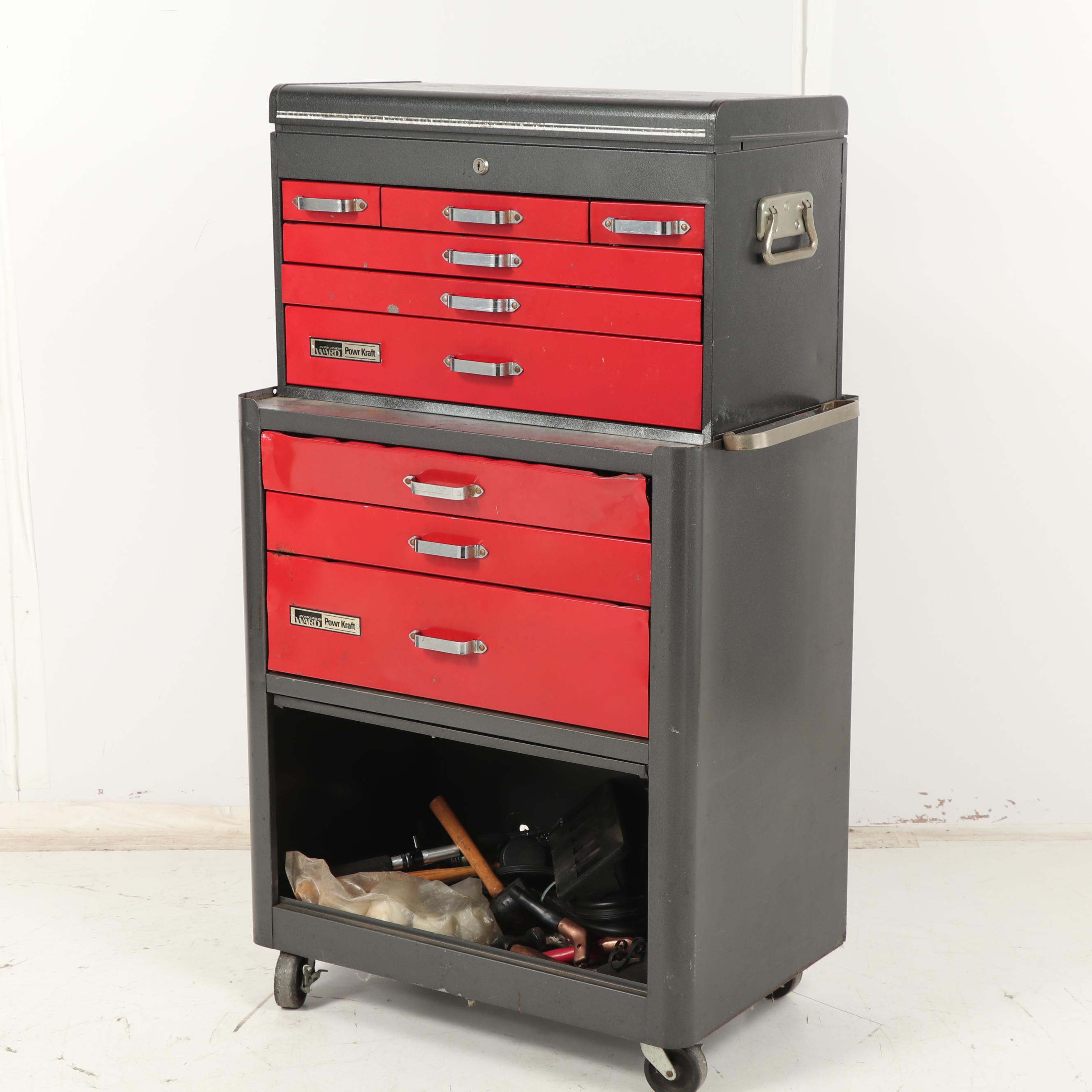 Two Montgomery Ward "Powr Kraft" Tool Chests with Assorted Tools