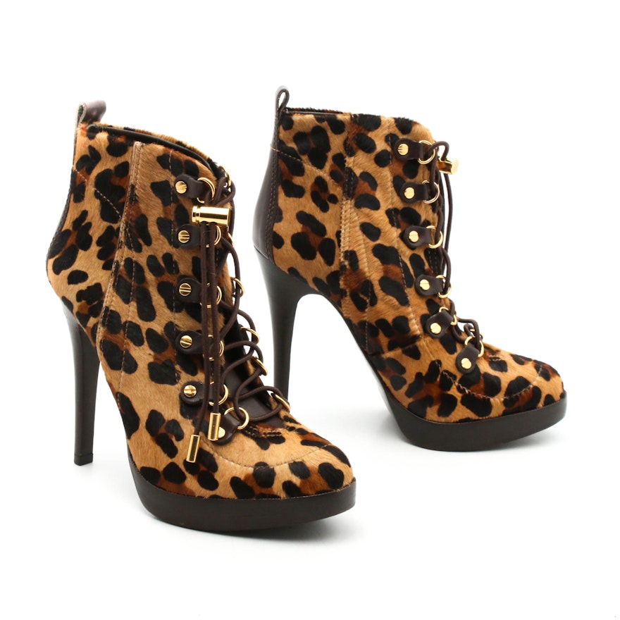 Tory Burch Leopard Print Calf Hair Lace-Up Stiletto Booties