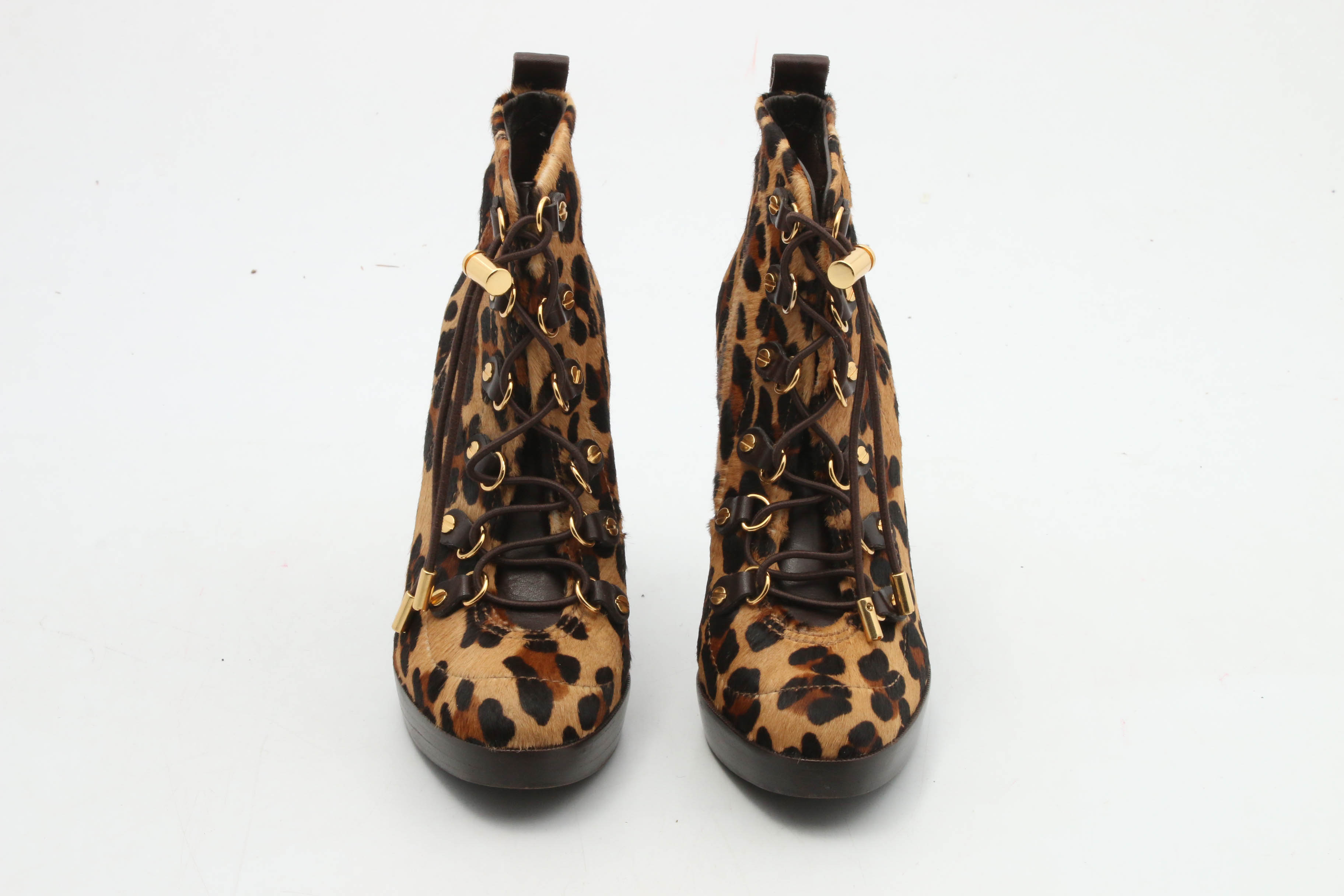 Tory Burch Leopard Print Calf Hair Lace-Up Stiletto Booties