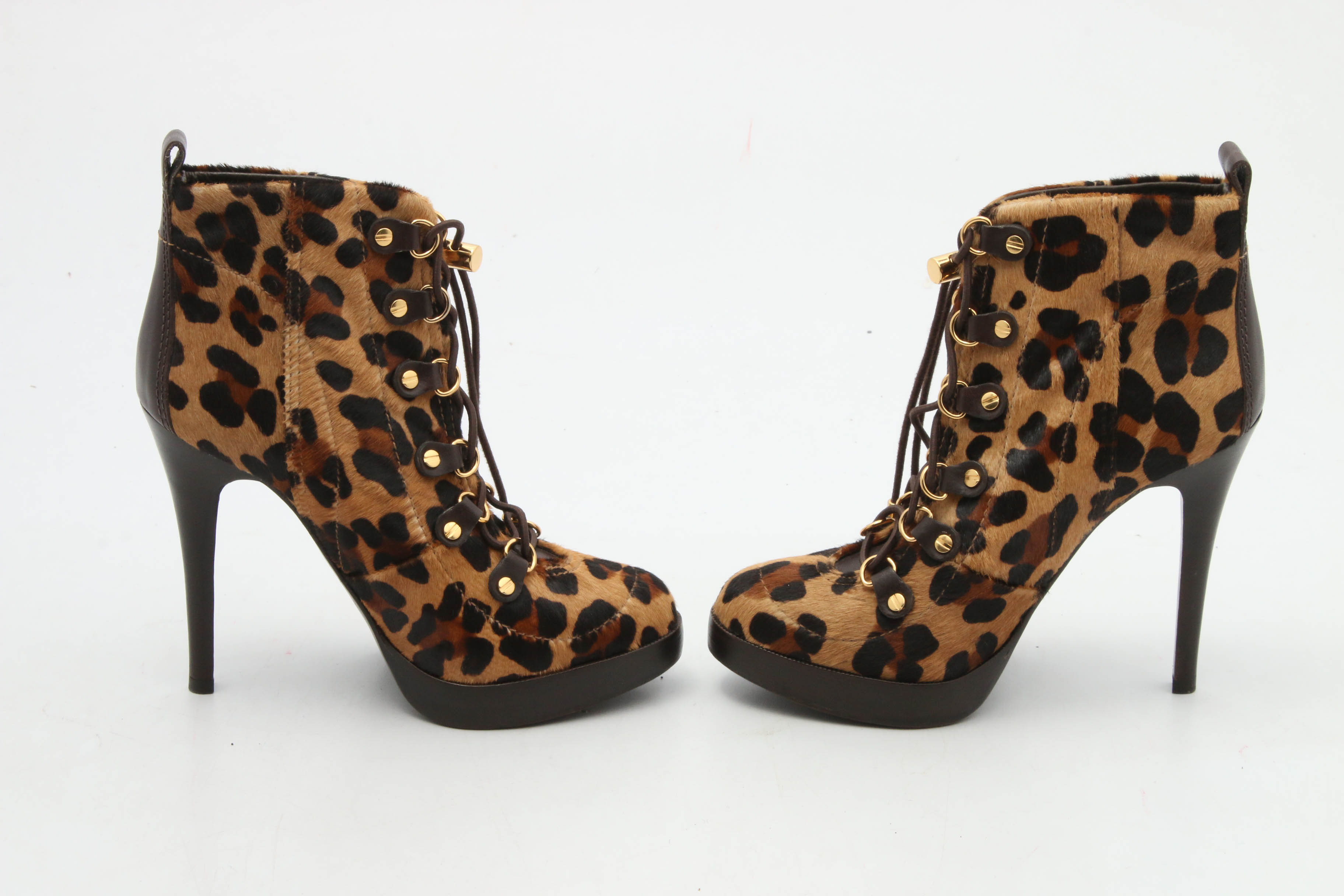 Tory Burch Leopard Print Calf Hair Lace-Up Stiletto Booties