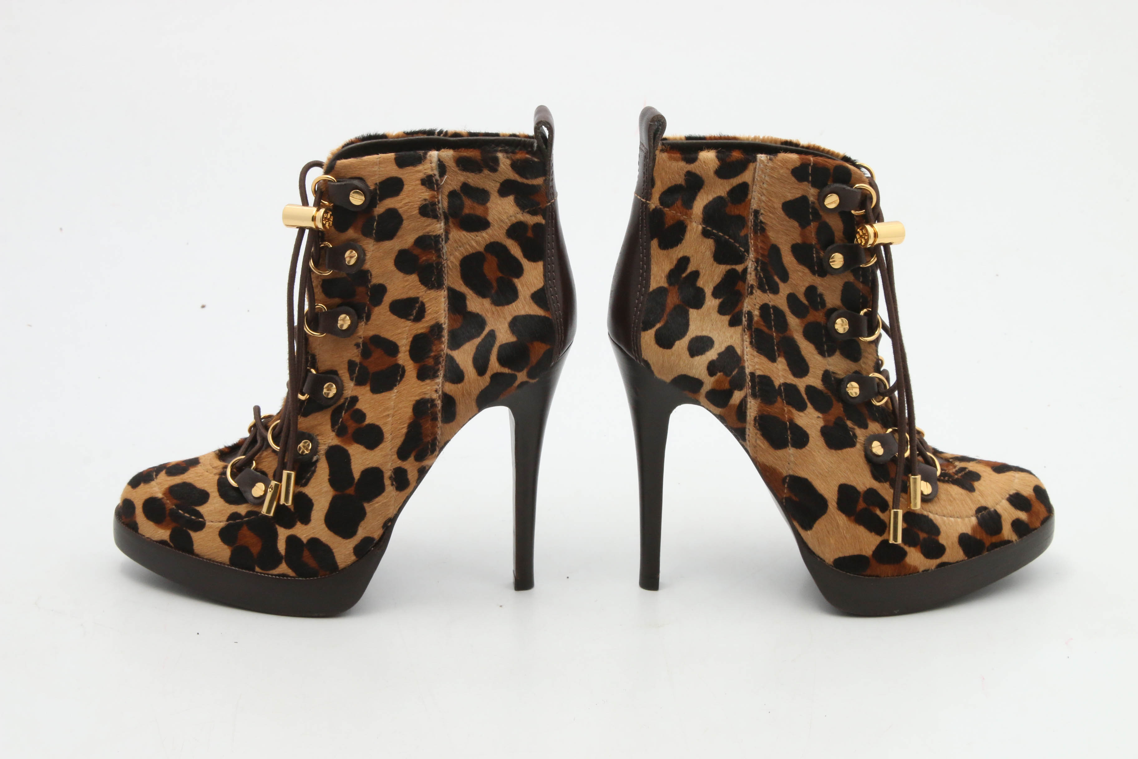 Tory Burch Leopard Print Calf Hair Lace-Up Stiletto Booties