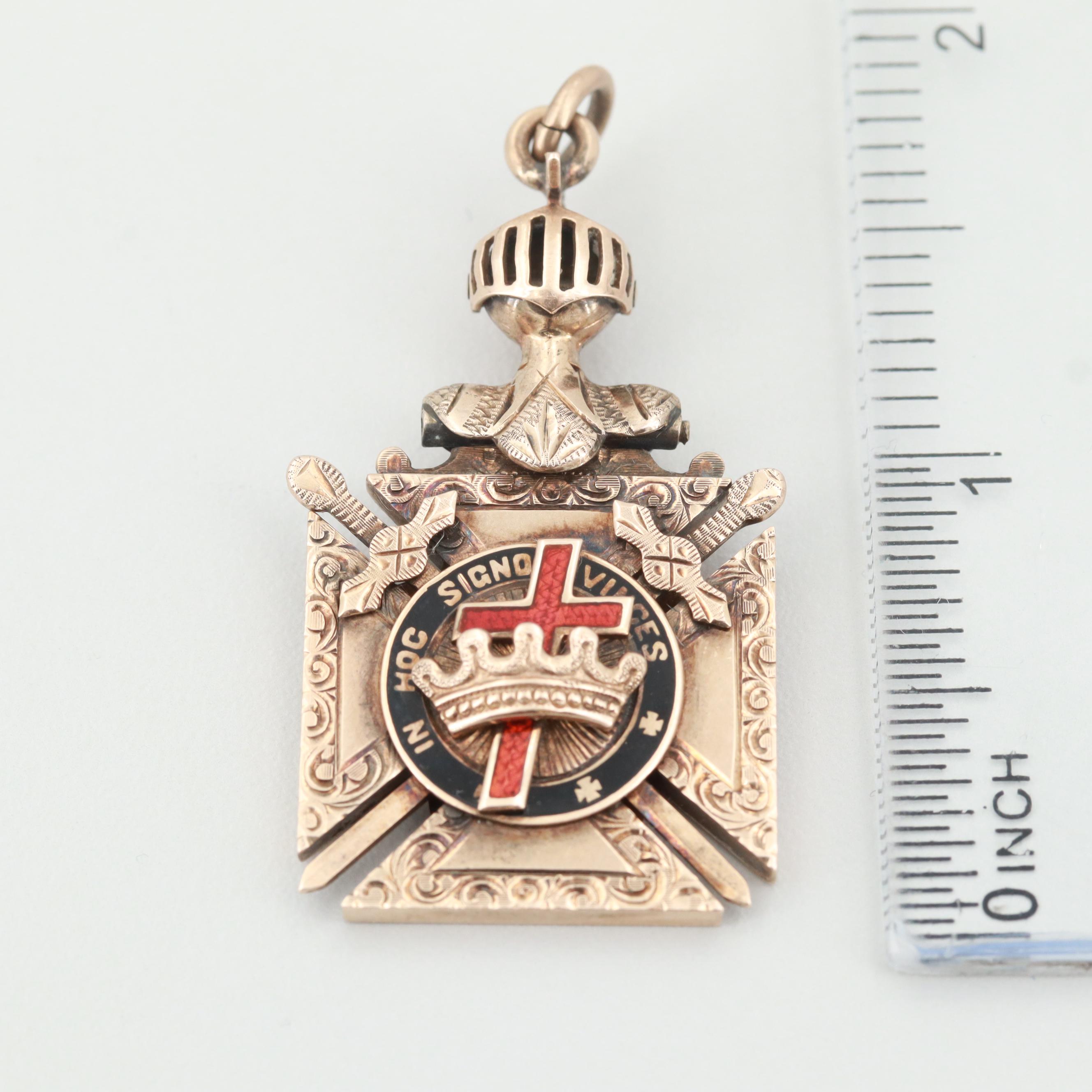 Antique 10K Yellow Gold Enamel Masonic Knights Templar Pendant