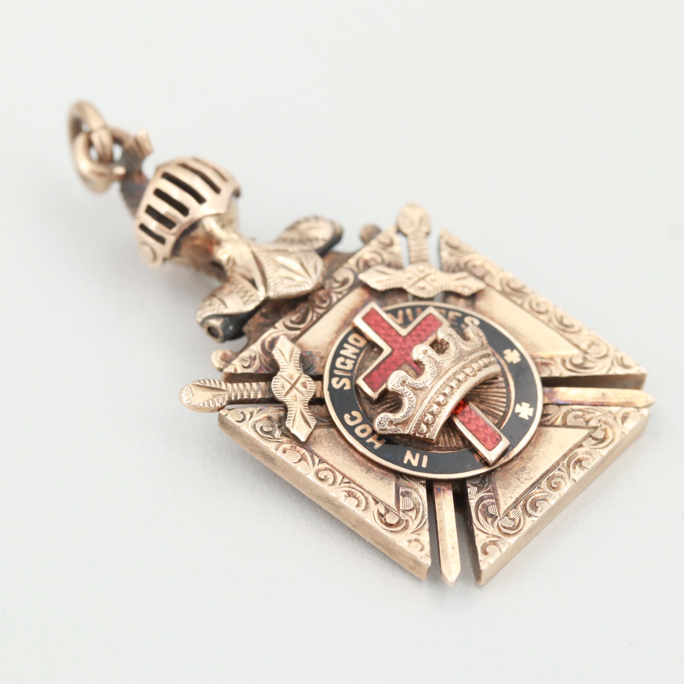 Antique 10K Yellow Gold Enamel Masonic Knights Templar Pendant