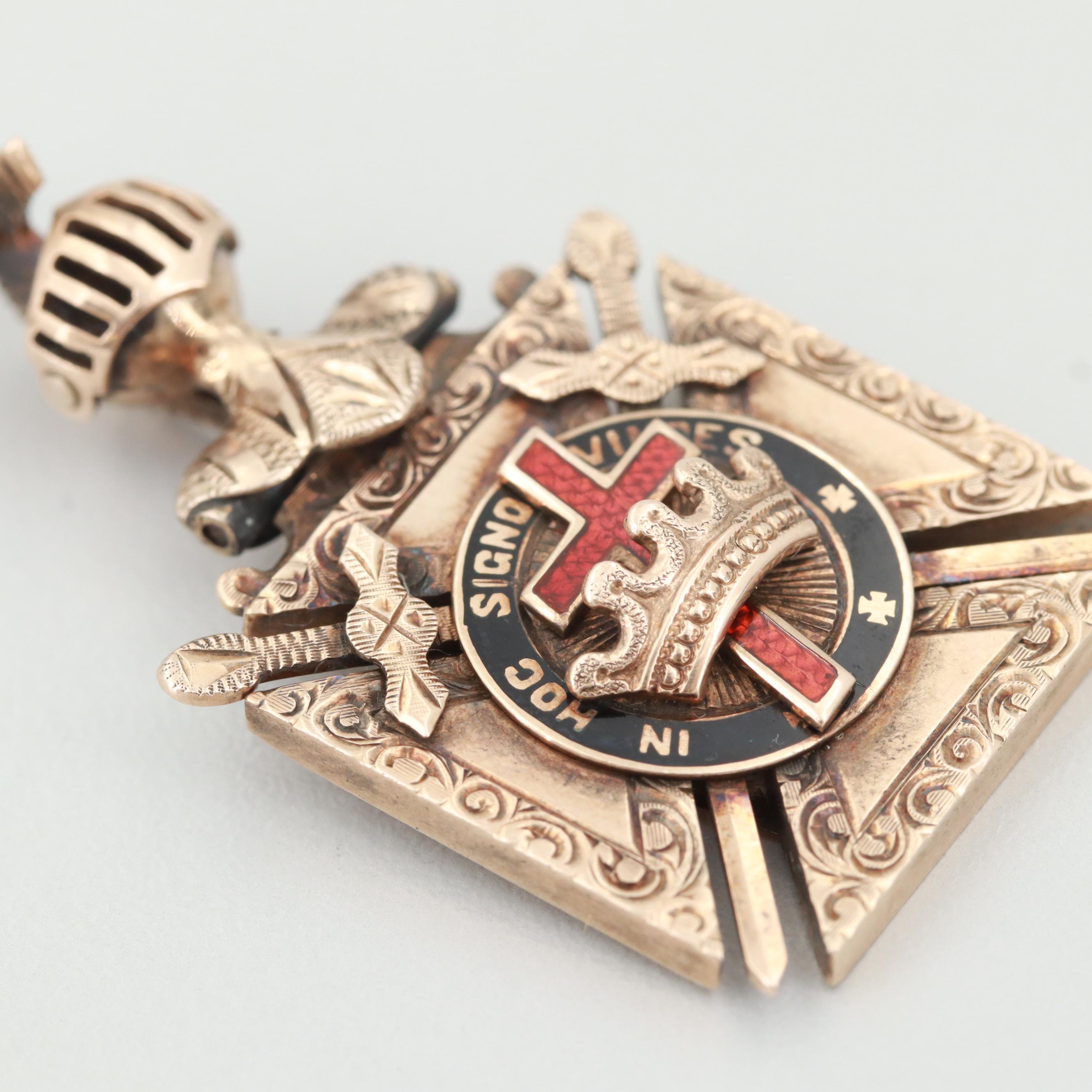 Antique 10K Yellow Gold Enamel Masonic Knights Templar Pendant