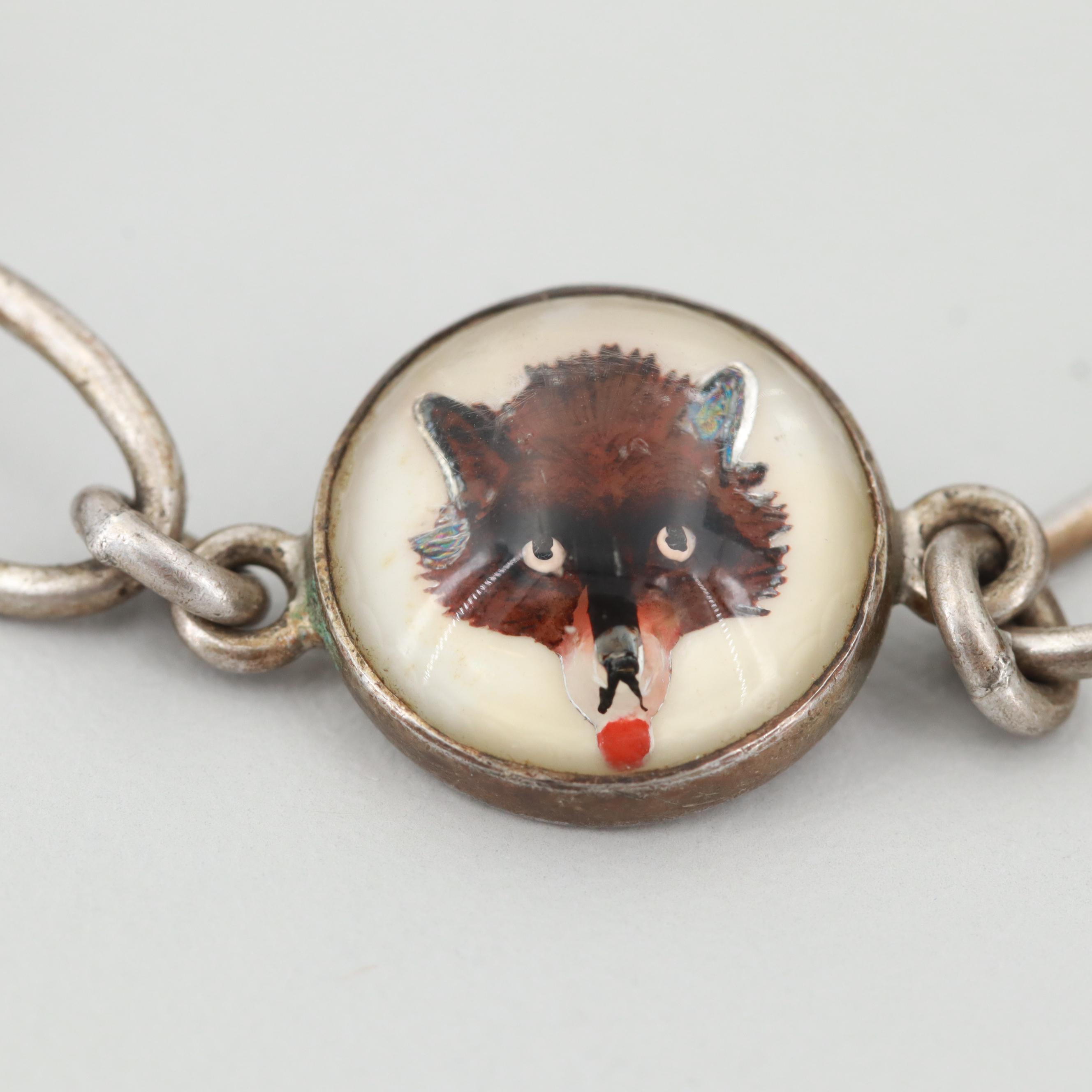 Vintage Sterling Silver Bracelet with Reverse Painted Fox Motif