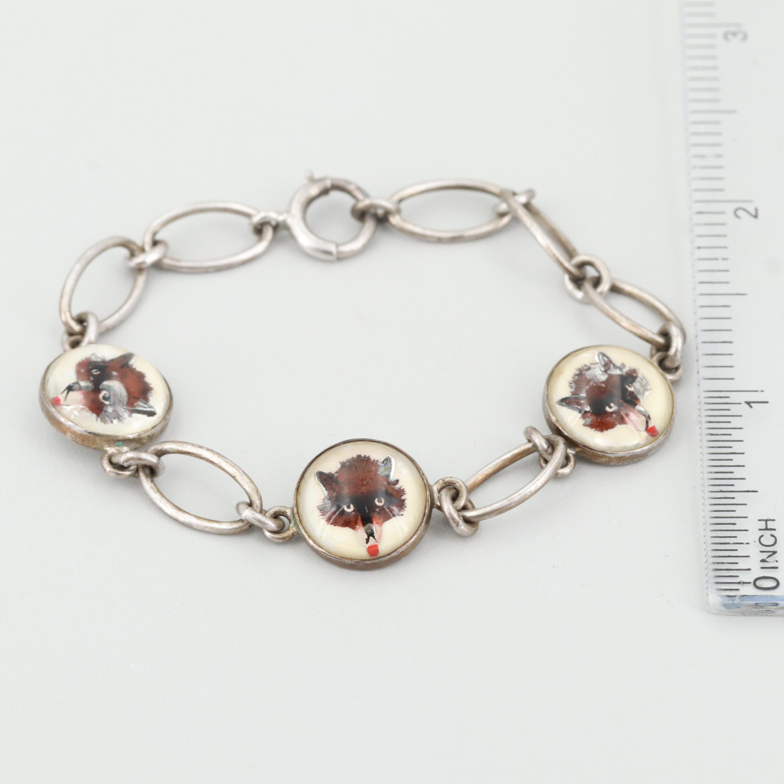 Vintage Sterling Silver Bracelet with Reverse Painted Fox Motif