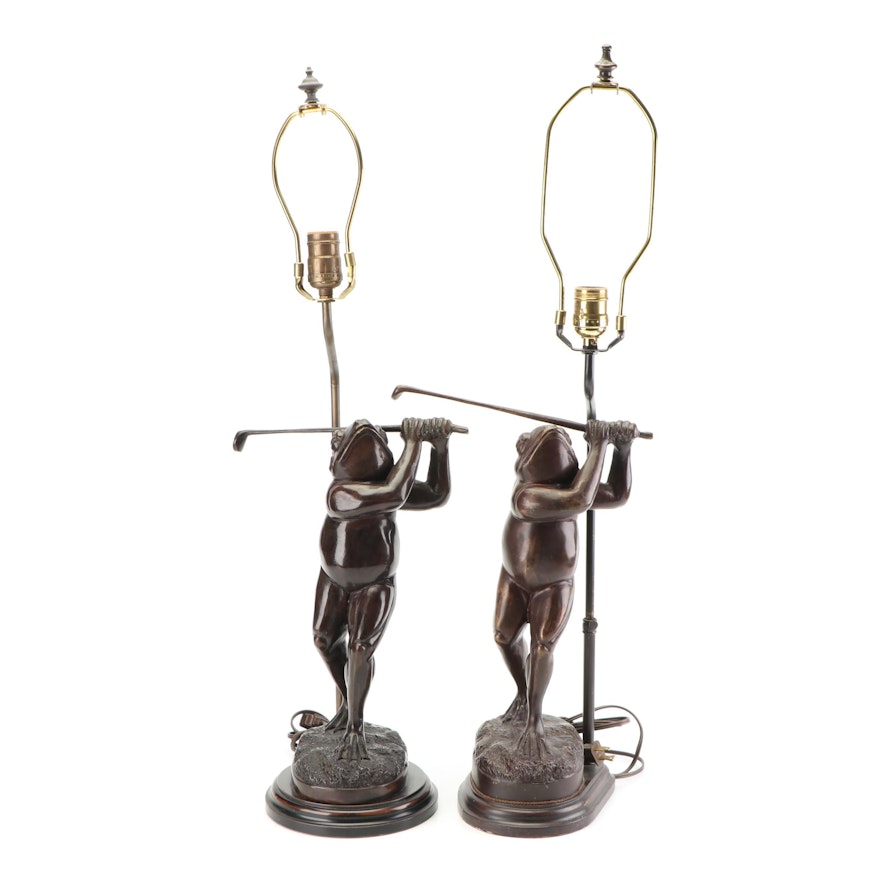 Pair of Cast Metal Frog Golfer Table Lamps