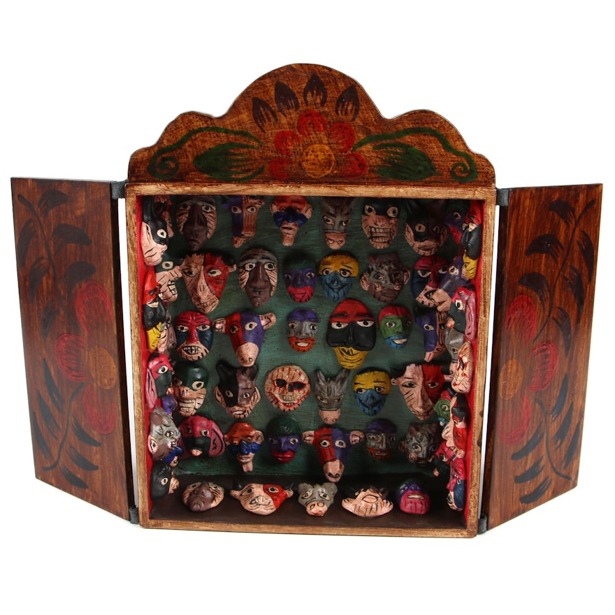 Peruvian Handmade Wood and Ceramic Folk Art Retablo "Mask Collection"