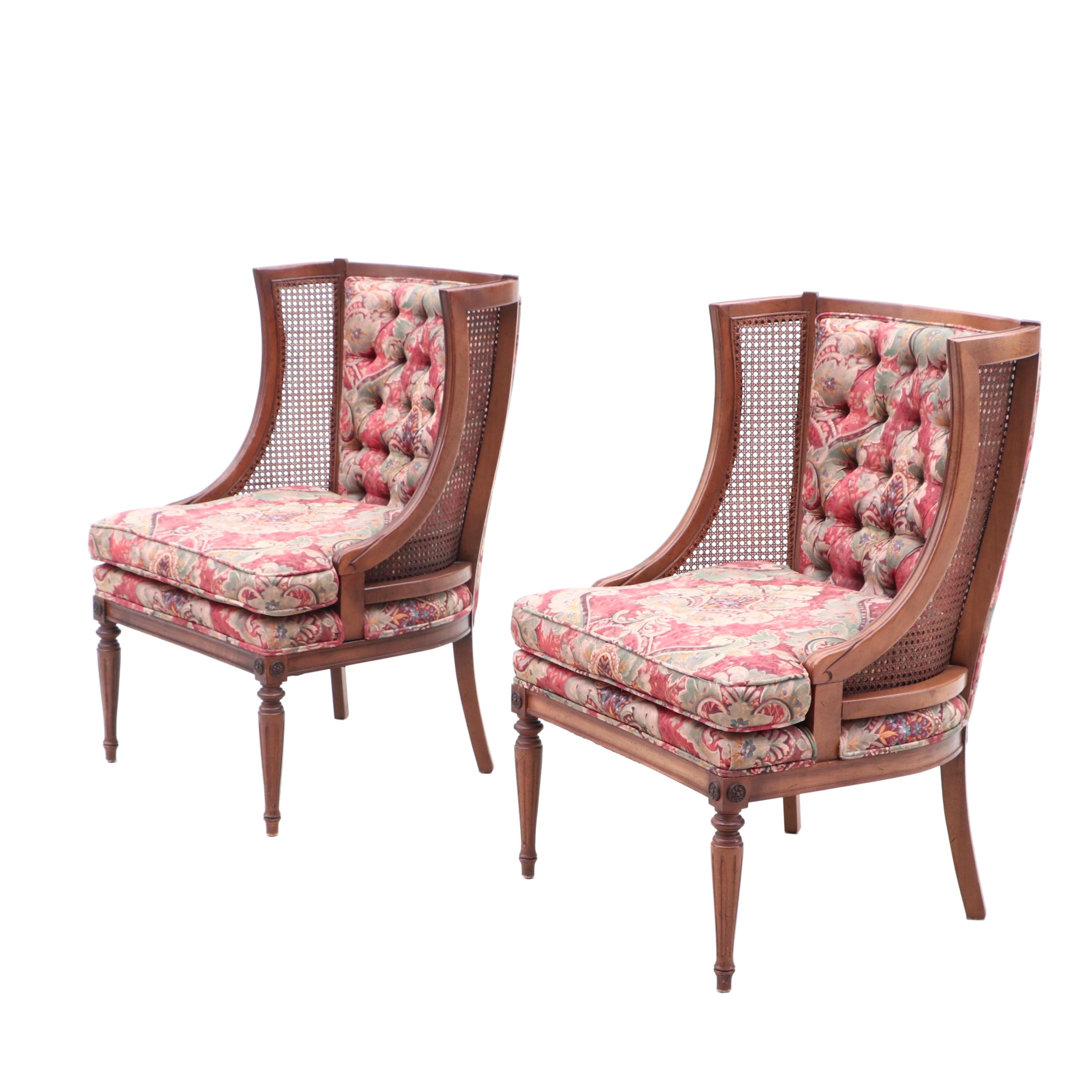 Vintage Woven Cane and Button Tufted Wingback Chairs