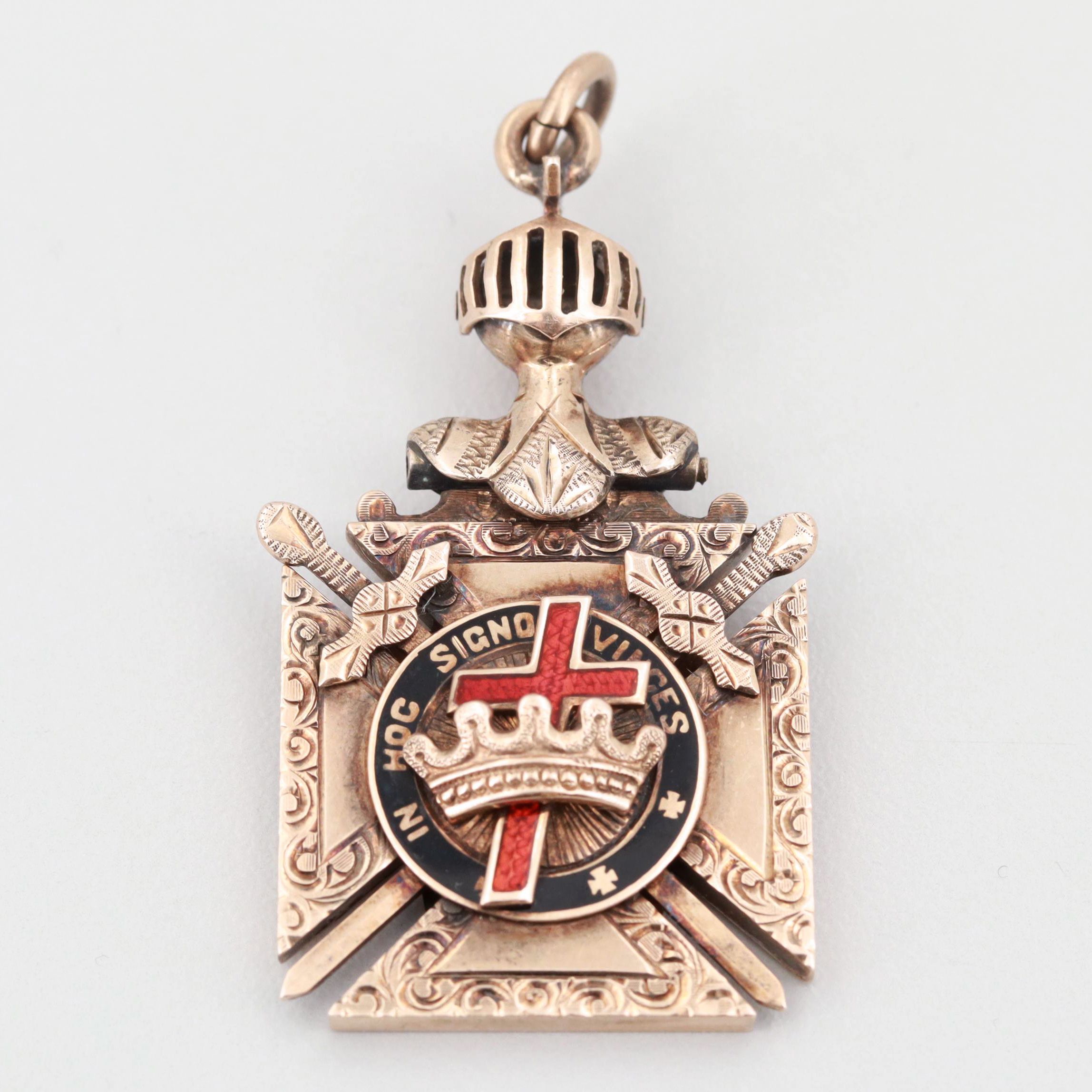 Antique 10K Yellow Gold Enamel Masonic Knights Templar Pendant