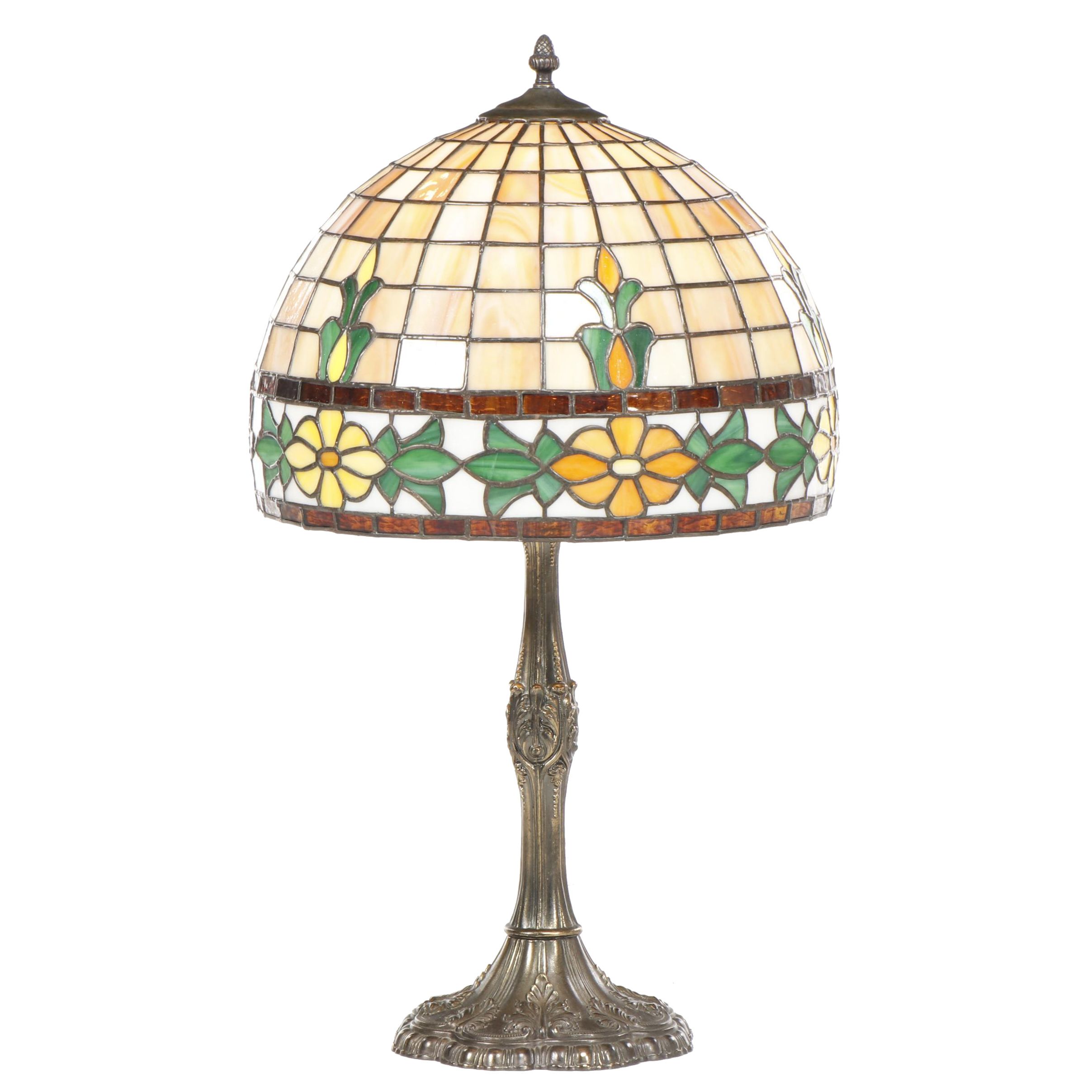 Slag and Stained Glass Floral Lamp with Cast Metal Base