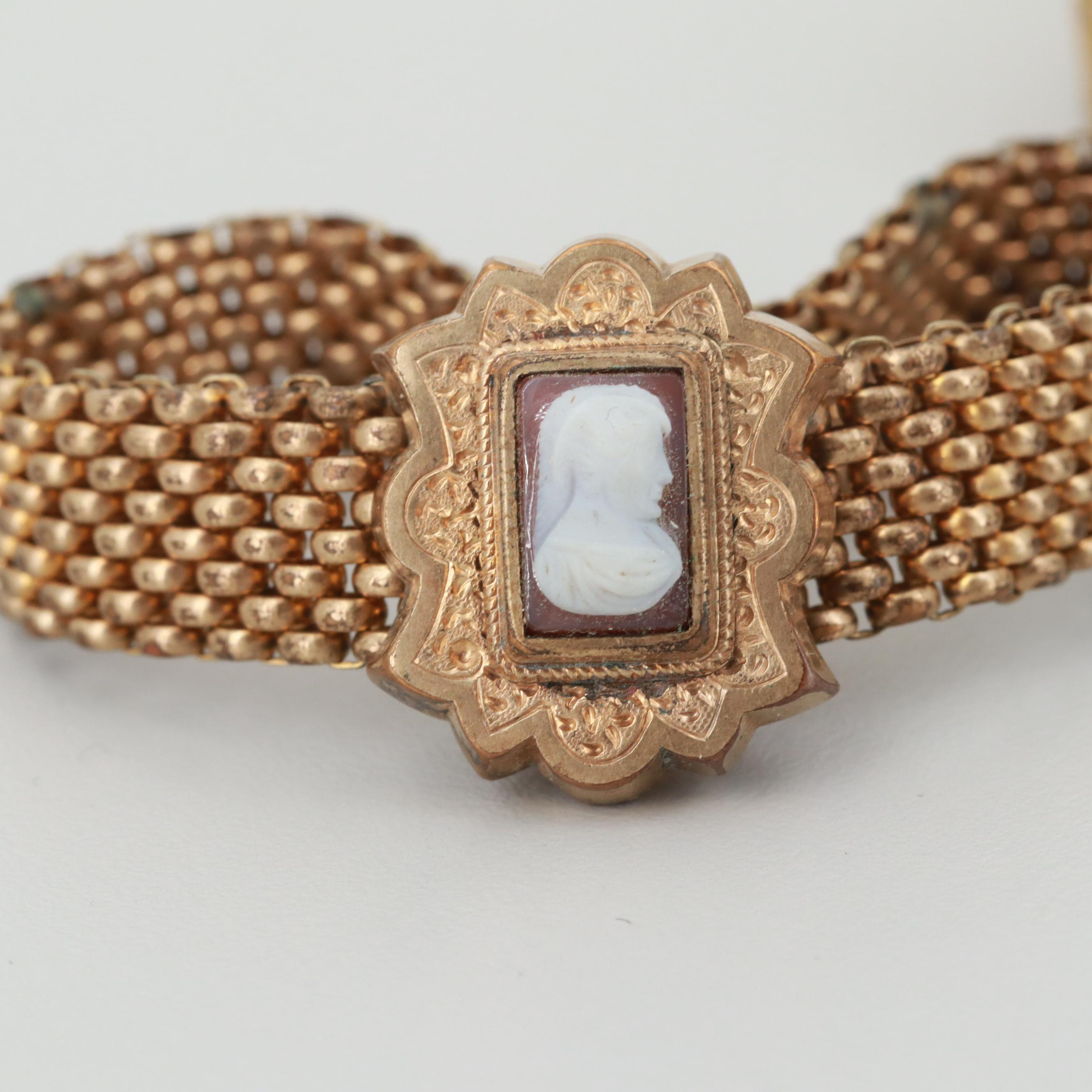 Antique Gold Tone Mesh Slide Bracelets Including Sardonyx