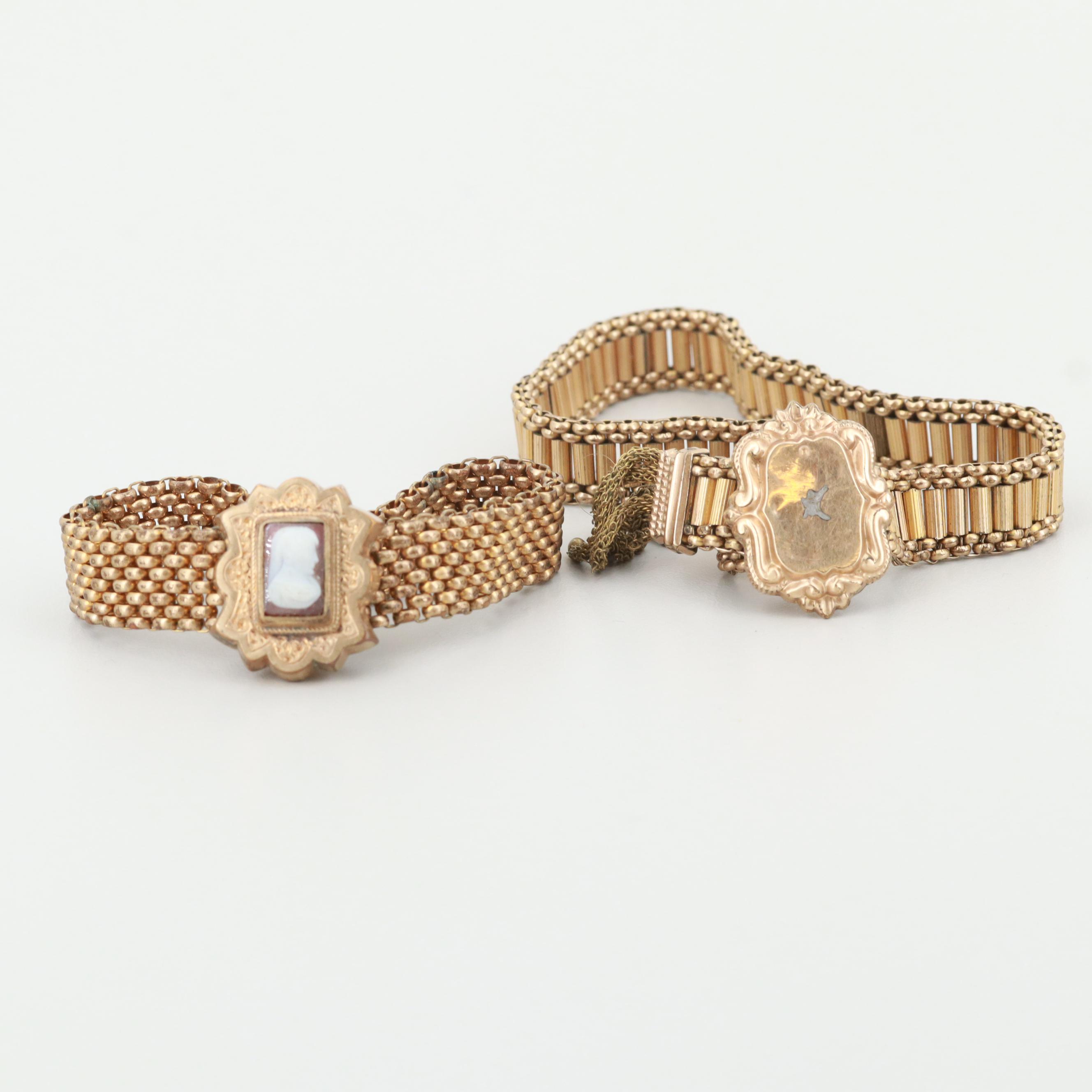 Antique Gold Tone Mesh Slide Bracelets Including Sardonyx