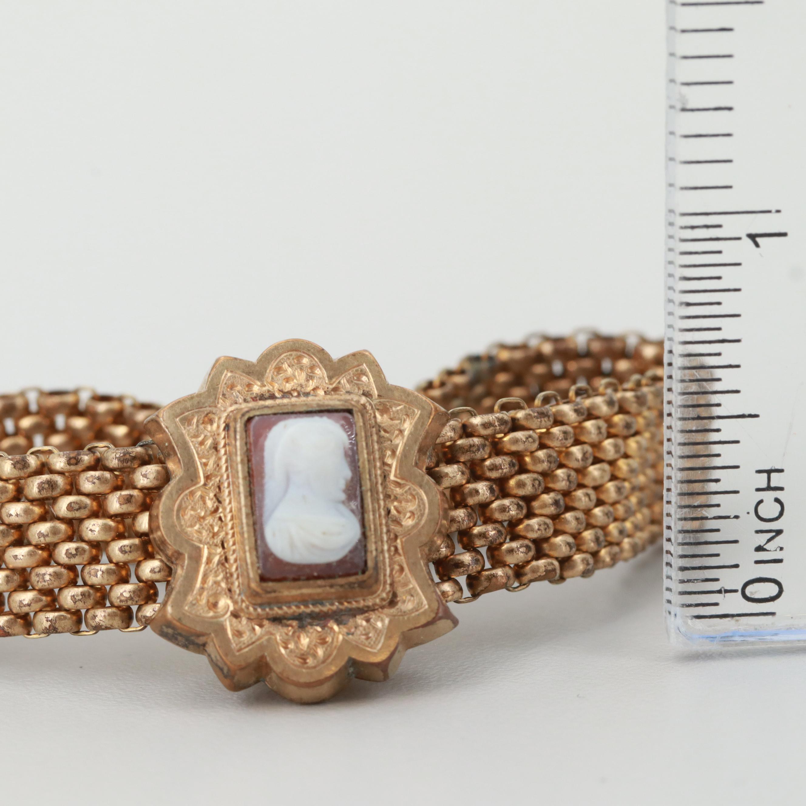 Antique Gold Tone Mesh Slide Bracelets Including Sardonyx