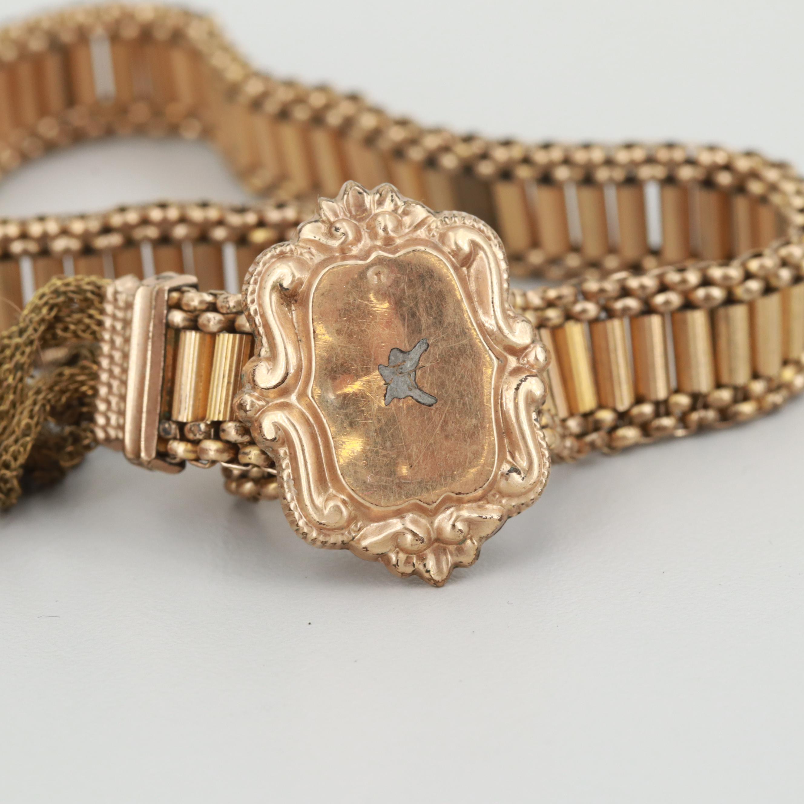 Antique Gold Tone Mesh Slide Bracelets Including Sardonyx