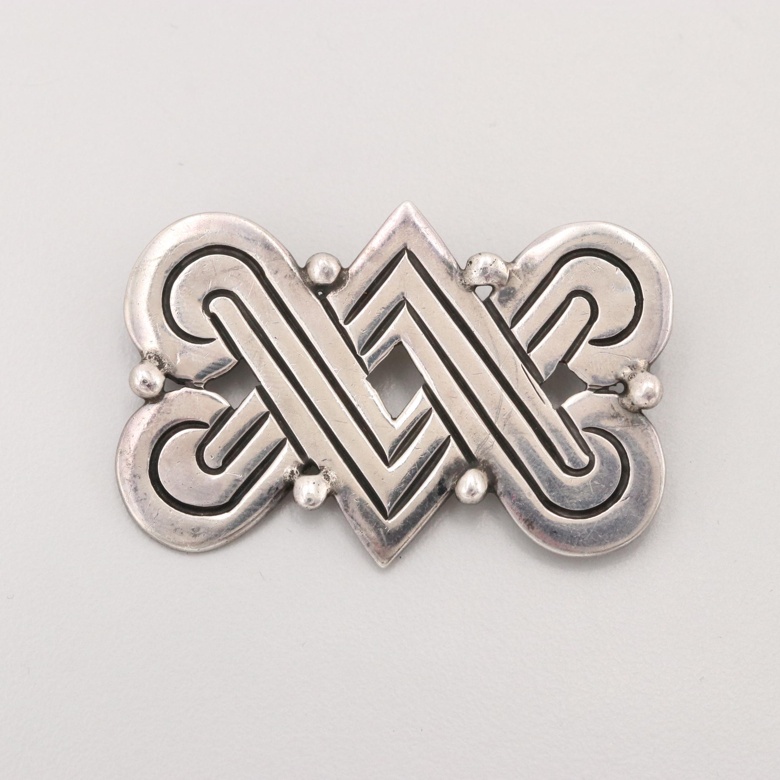 Circa 1940s Early Hector Aguilar 940 Silver Brooch from Taxco, Mexico