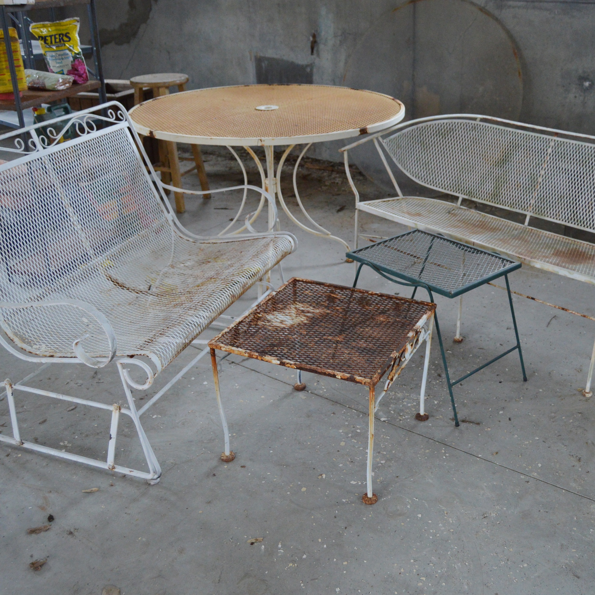 Vintage Metal Outdoor Furniture with Round Table, Settees, Side Tables
