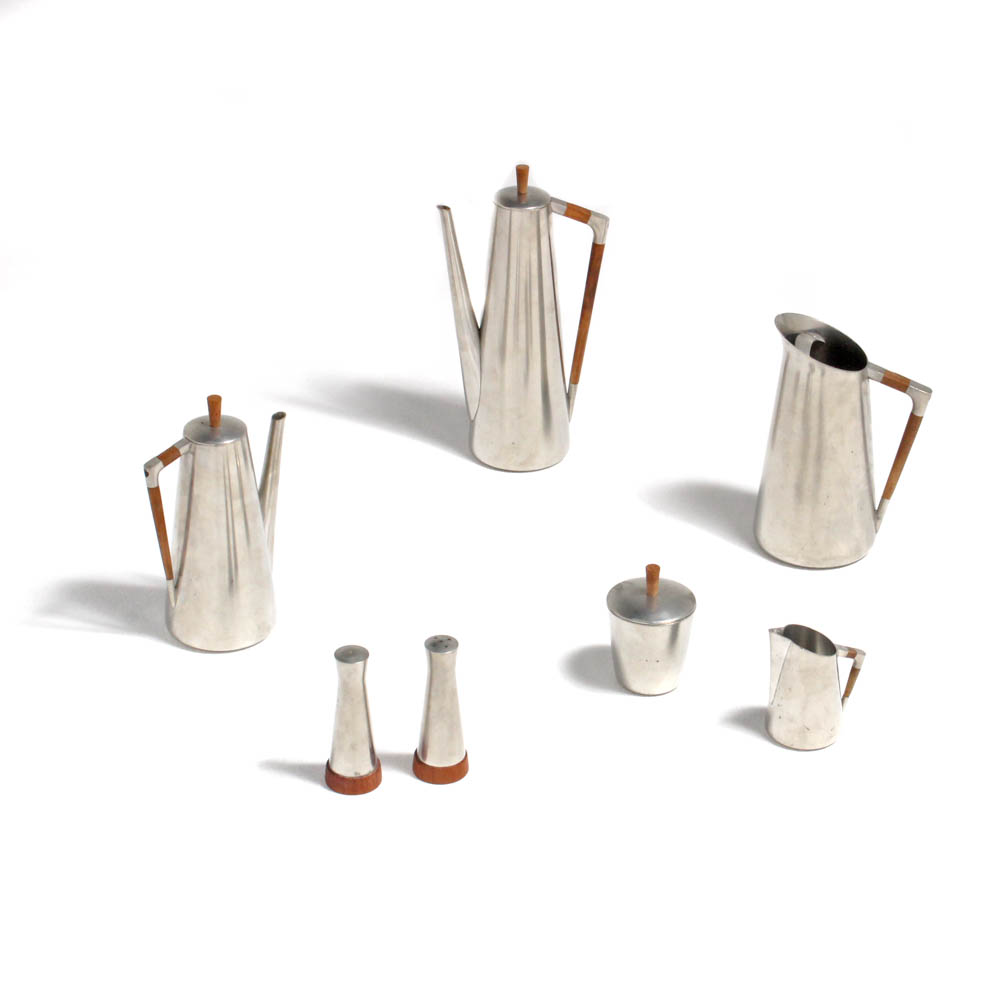 Royal Holland Pewter Coffee and Tea Service with Teak Accents