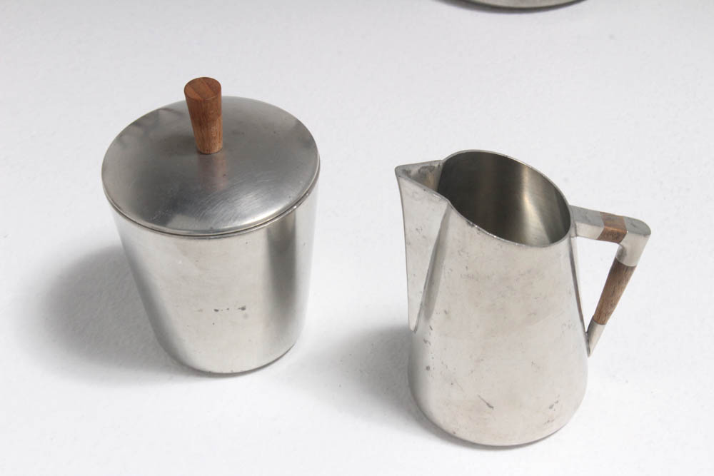 Royal Holland Pewter Coffee and Tea Service with Teak Accents