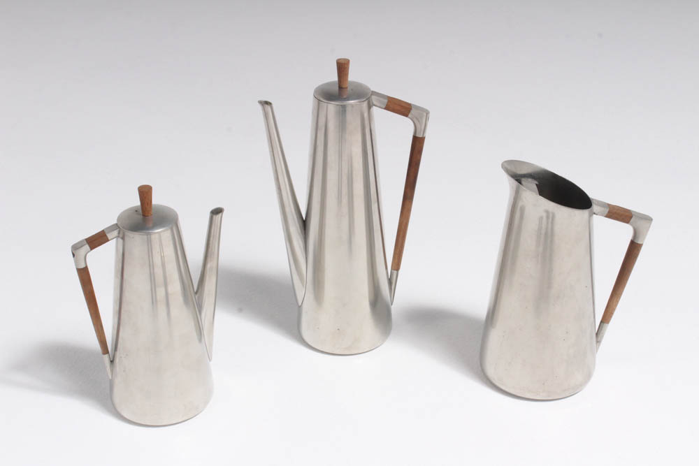 Royal Holland Pewter Coffee and Tea Service with Teak Accents