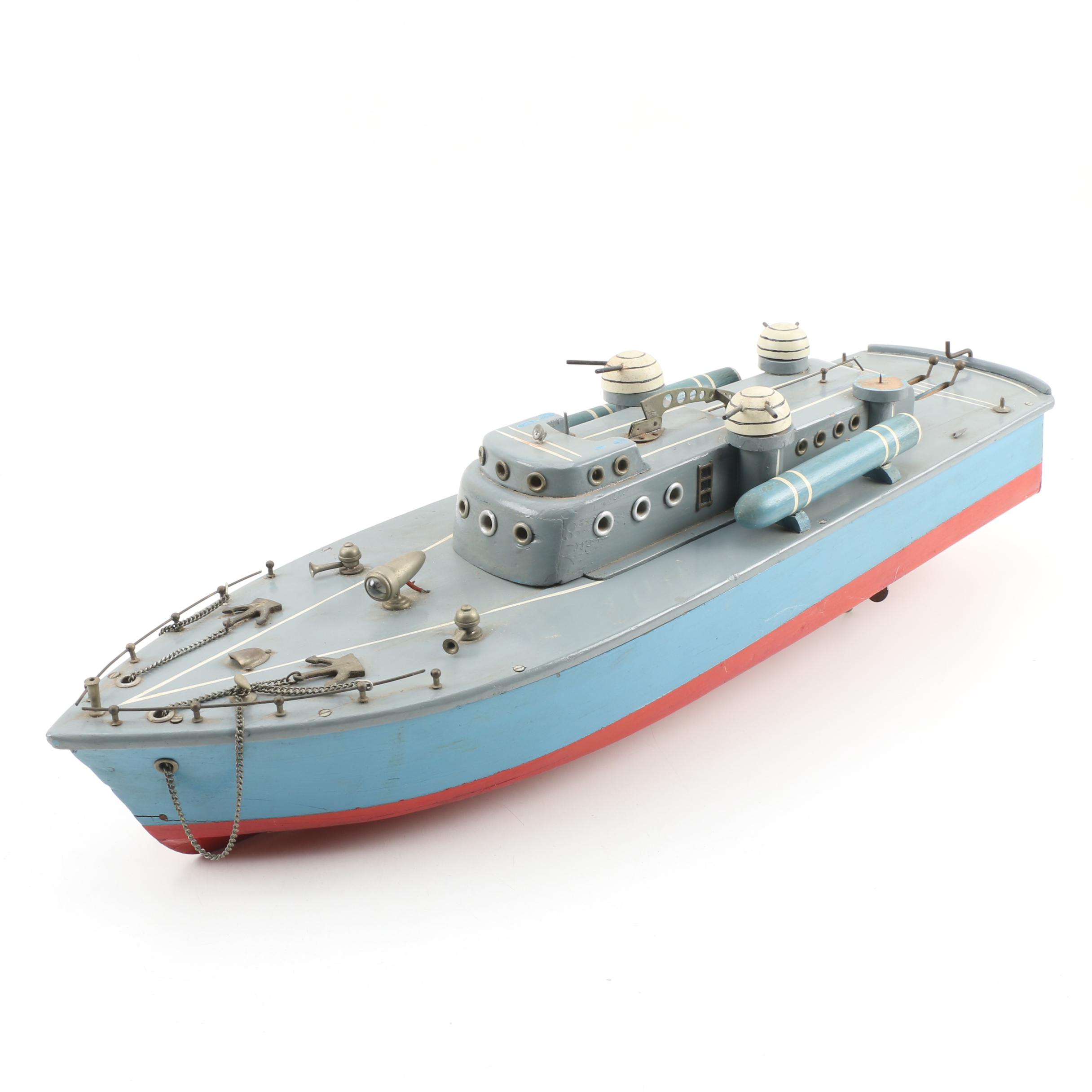 Painted Wooden Battery Operated Torpedo Boat, Mid 20th Century