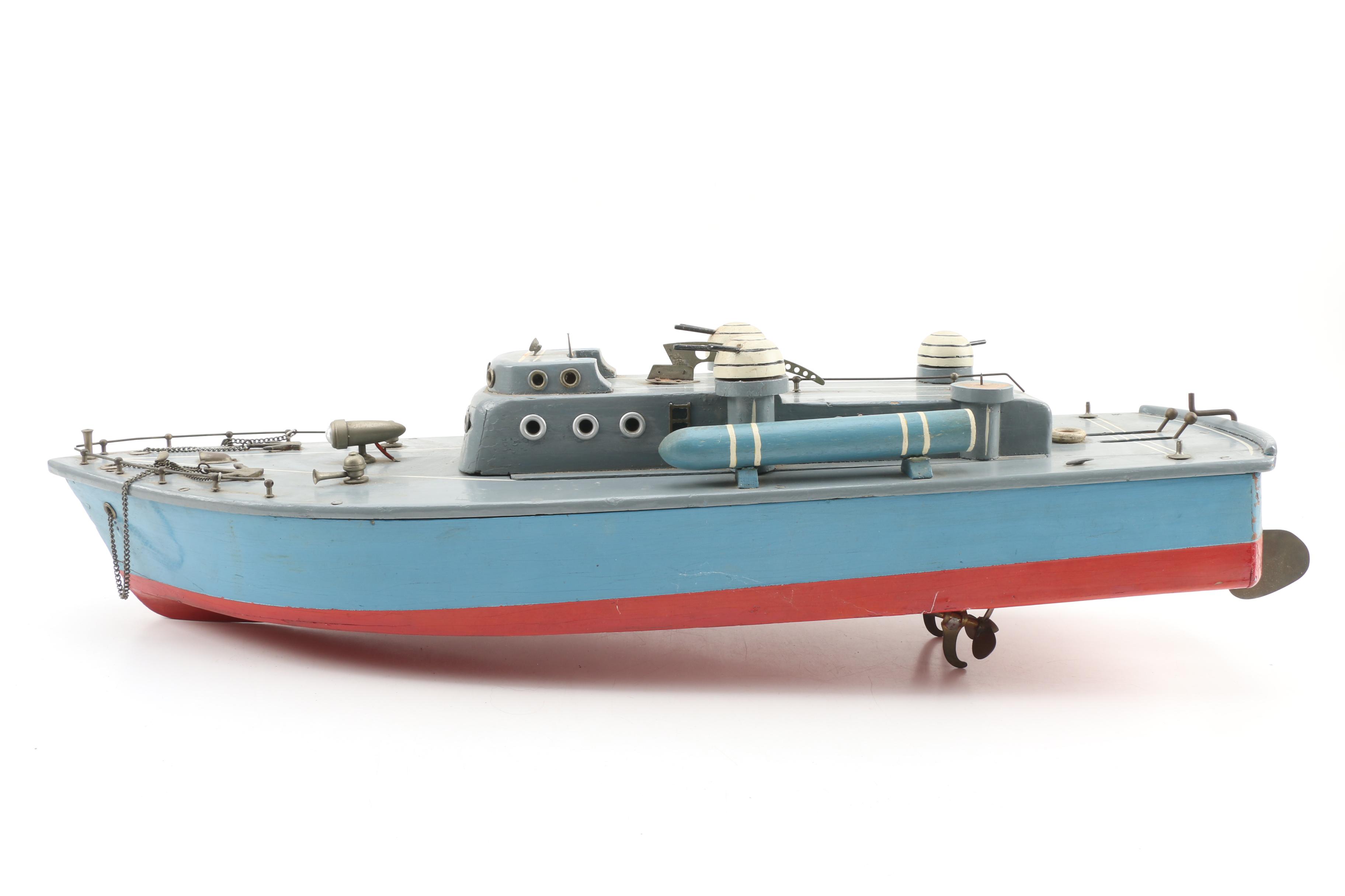 Painted Wooden Battery Operated Torpedo Boat, Mid 20th Century