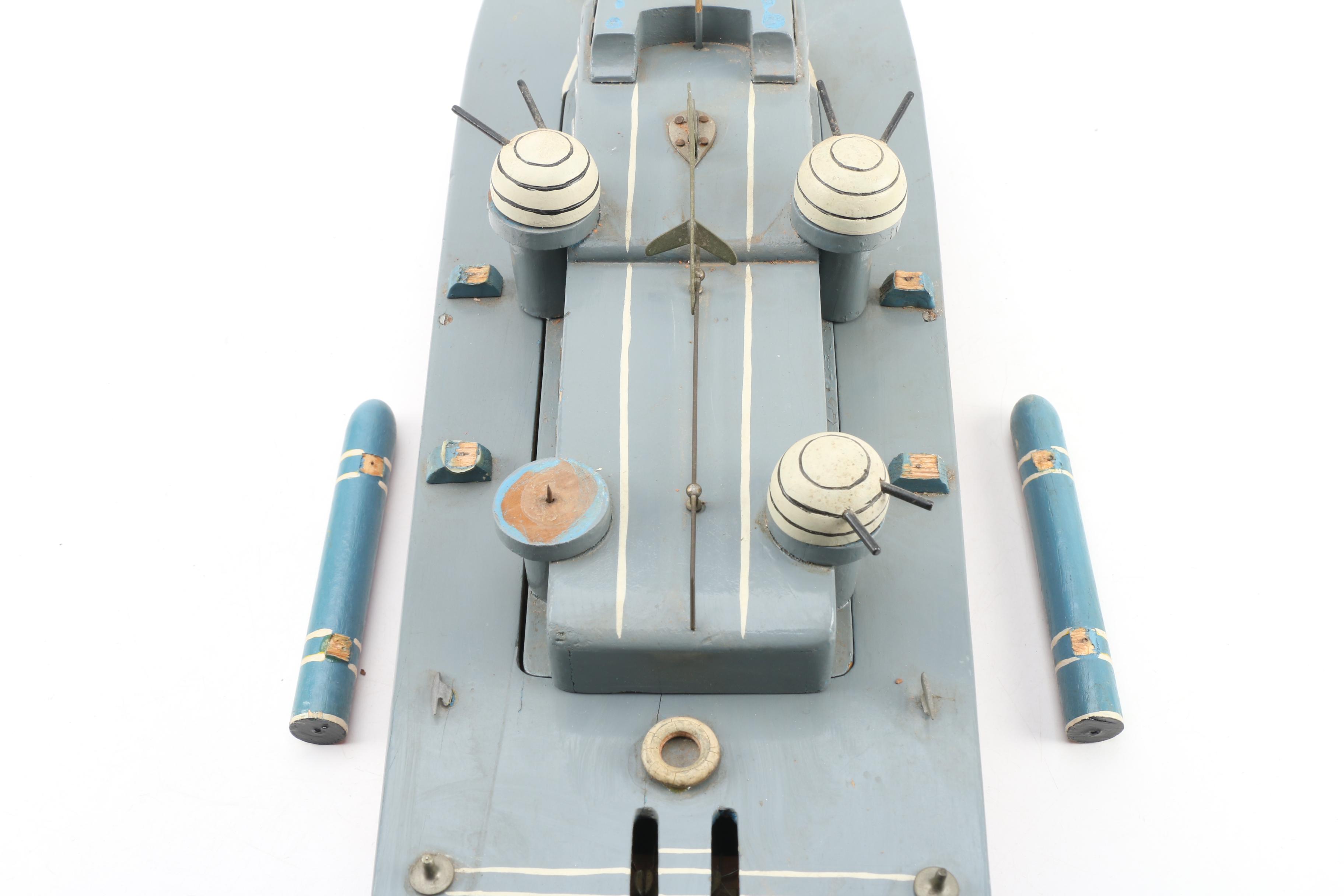 Painted Wooden Battery Operated Torpedo Boat, Mid 20th Century