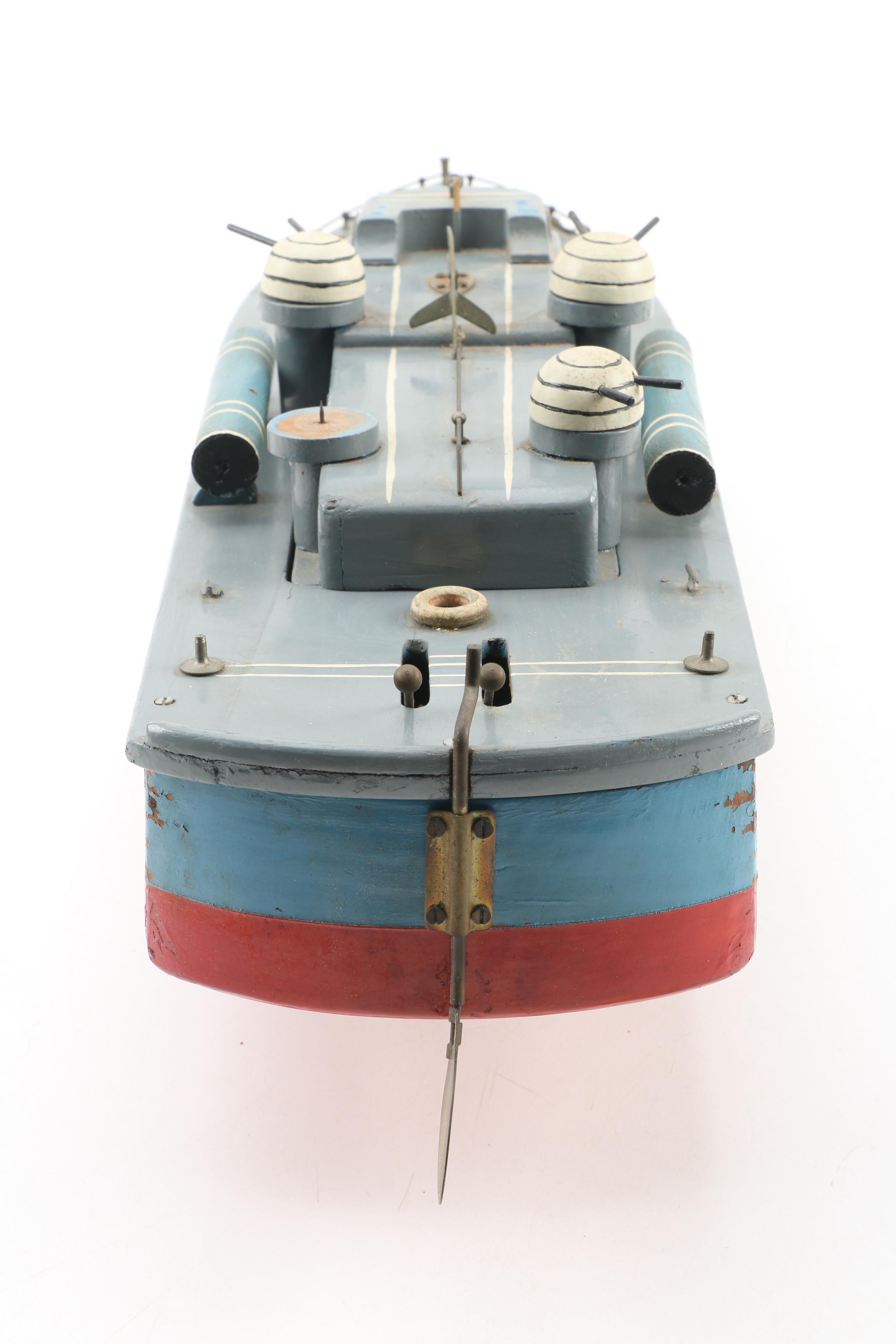 Painted Wooden Battery Operated Torpedo Boat, Mid 20th Century