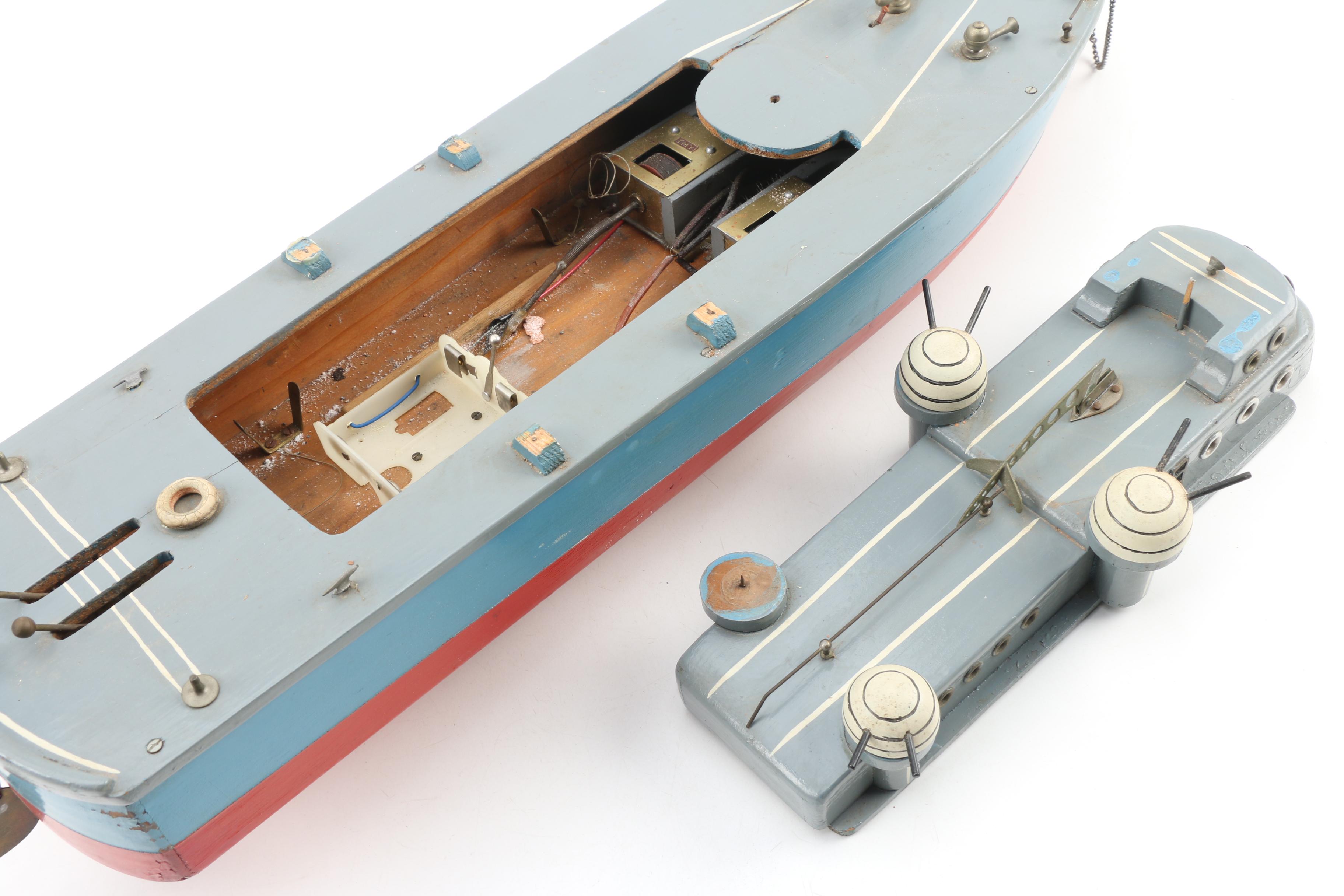 Painted Wooden Battery Operated Torpedo Boat, Mid 20th Century