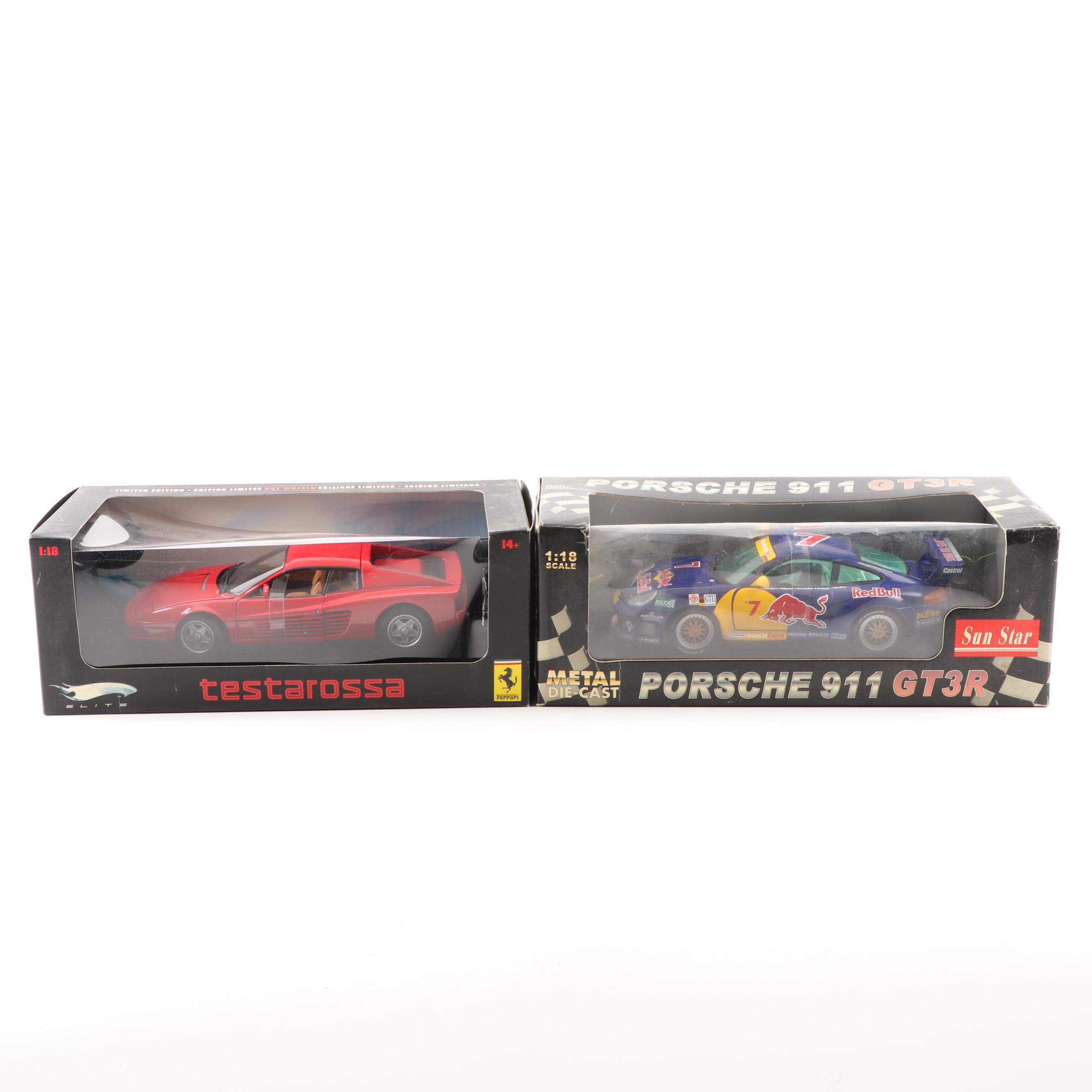 Mattel Testarossa Ferrari and Sunstar Porsche 911 GT3R Die Cast Toy Cars