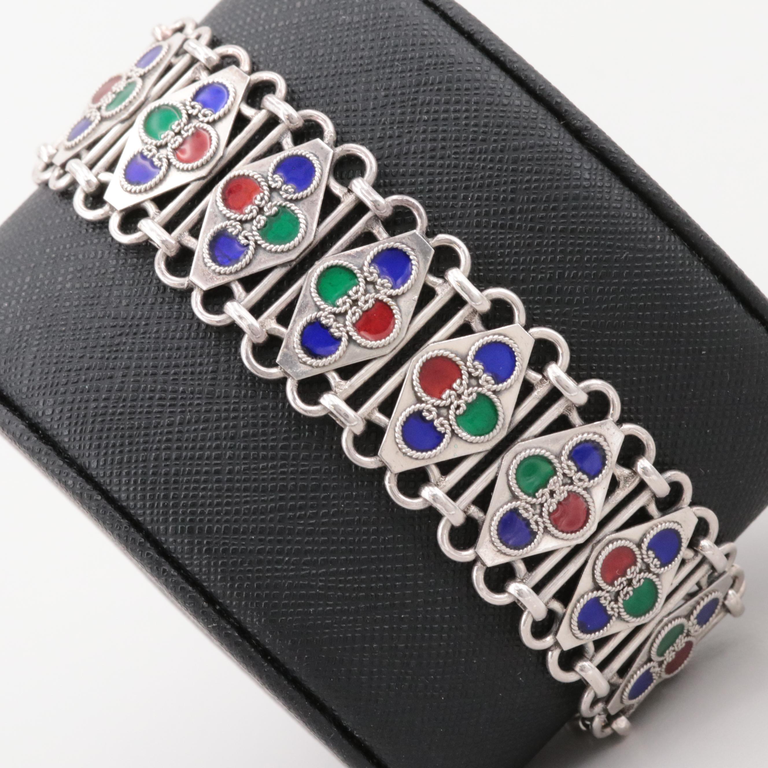 Sterling Silver Enamel Panel Link Bracelet