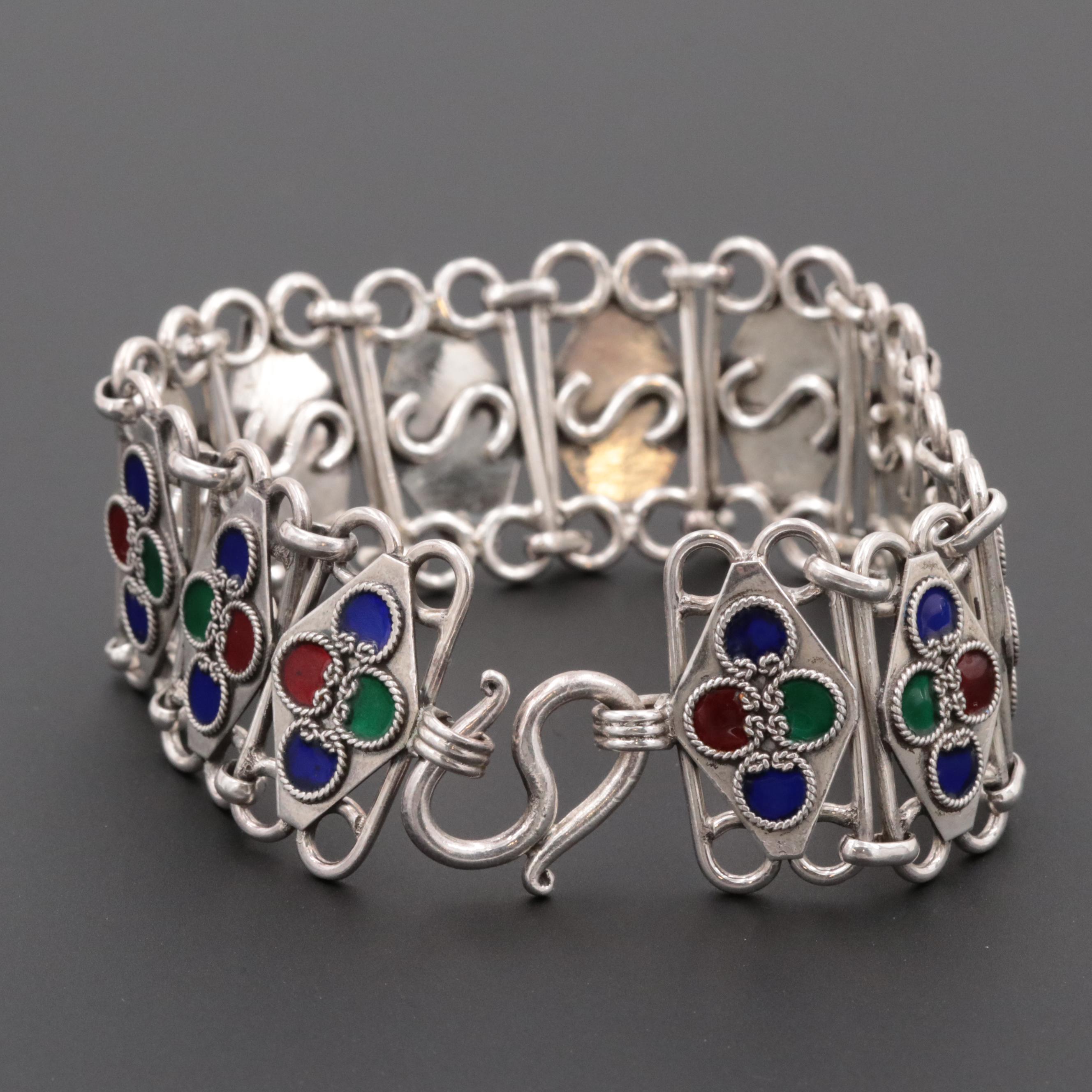 Sterling Silver Enamel Panel Link Bracelet