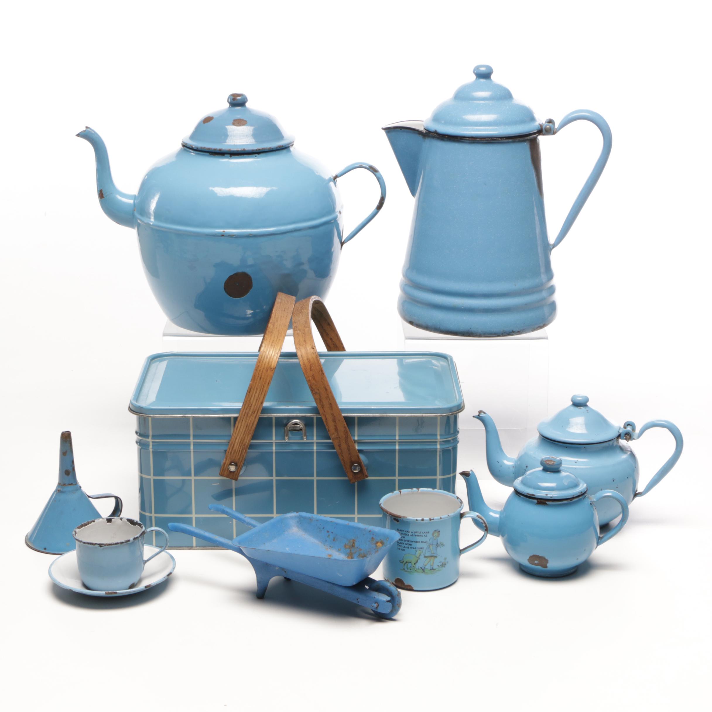 Blue Enamel Pitcher, Large Tea Pot, and Other Kitchenware